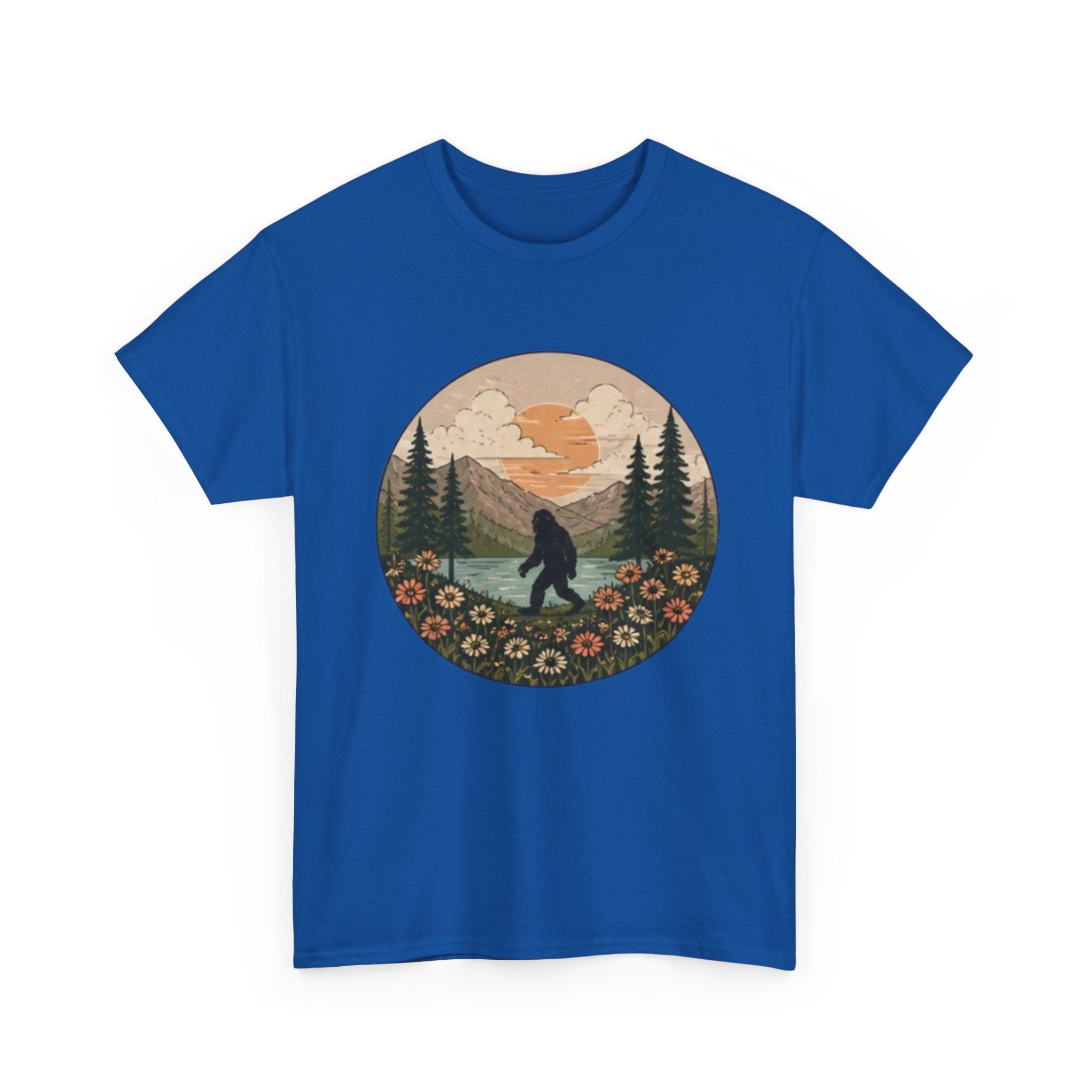 Bigfoot Meadow Retro Tee | Vintage Sasquatch with Flowers