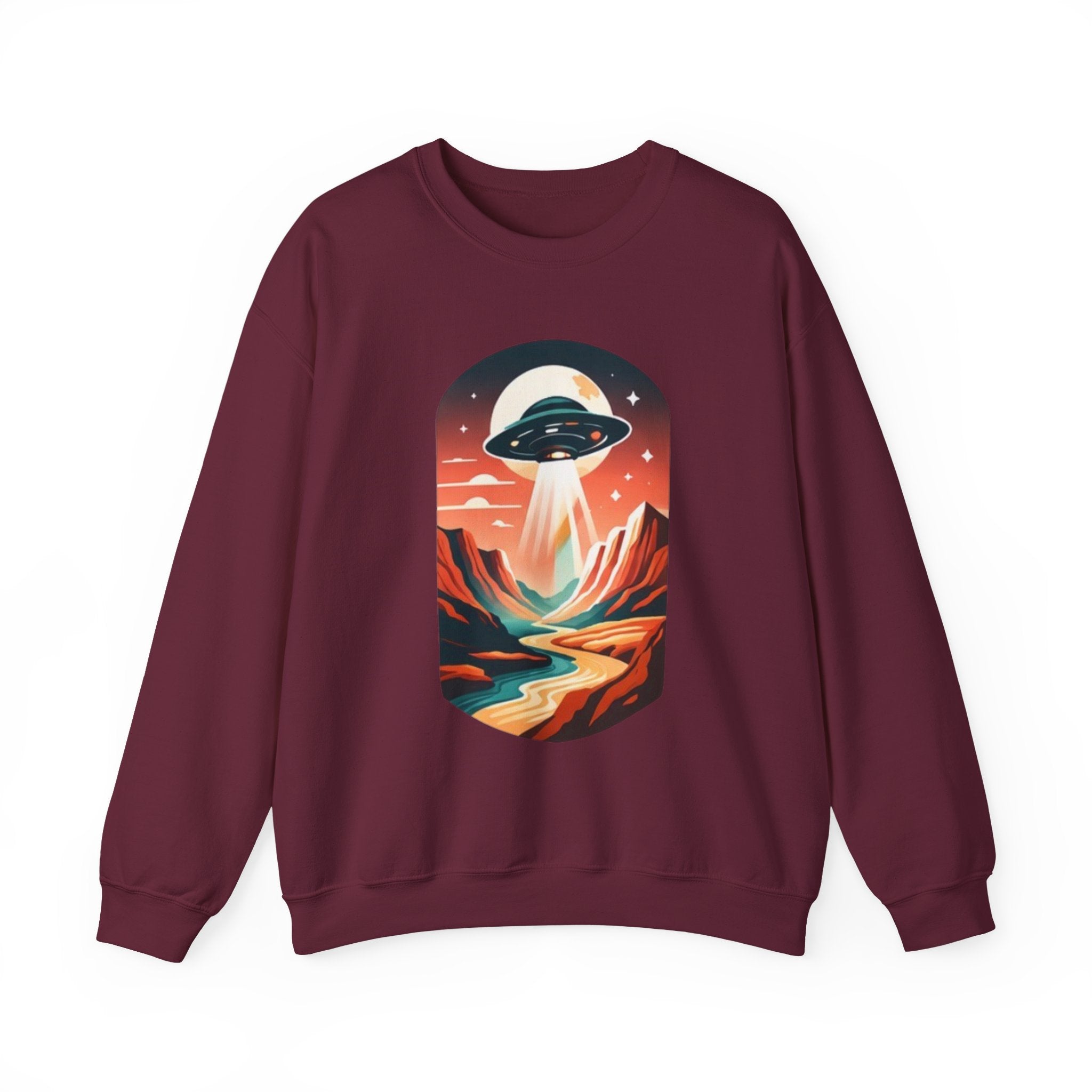 UFO Adventure Crewneck Sweatshirt | Retro Alien Abduction Mountain Graphic