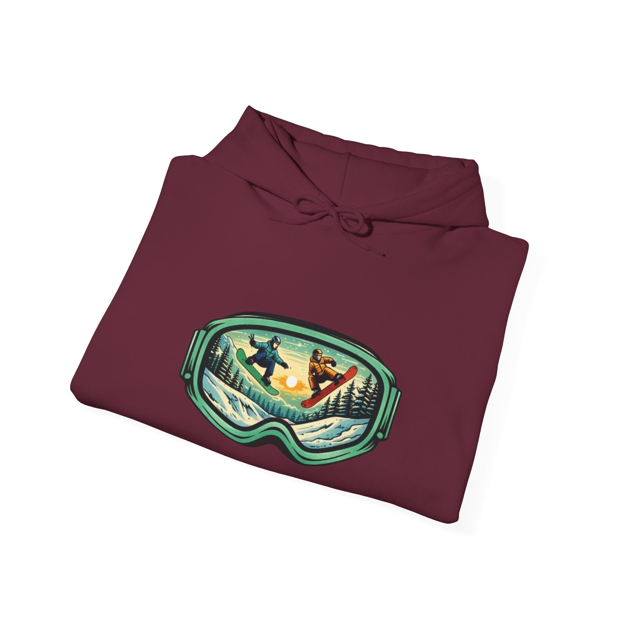 Snowboard Goggles Graphic Hoodie | Winter Mountain Sunset Scene