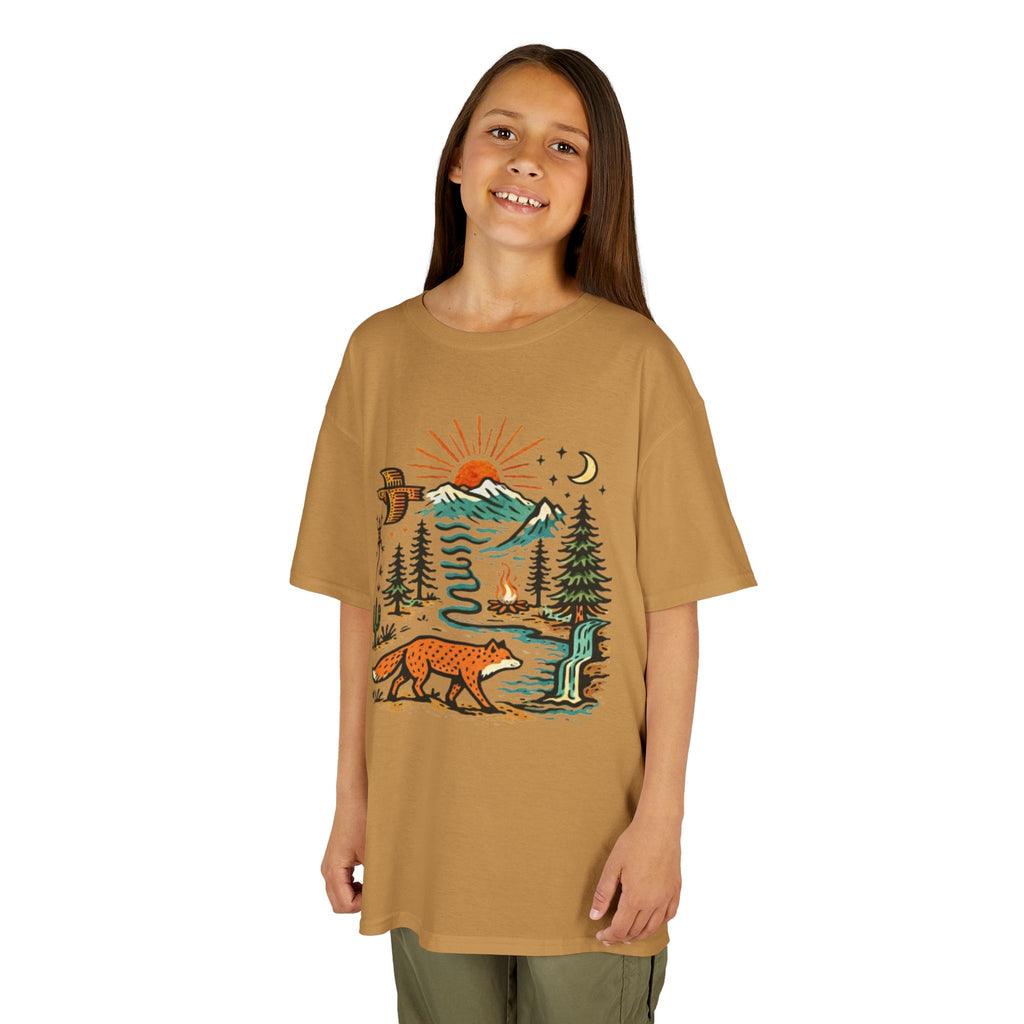 Kids T-Shirt | Retro Nature Scene with Fox Mountains & Sun | Adventure Outdoor Tee