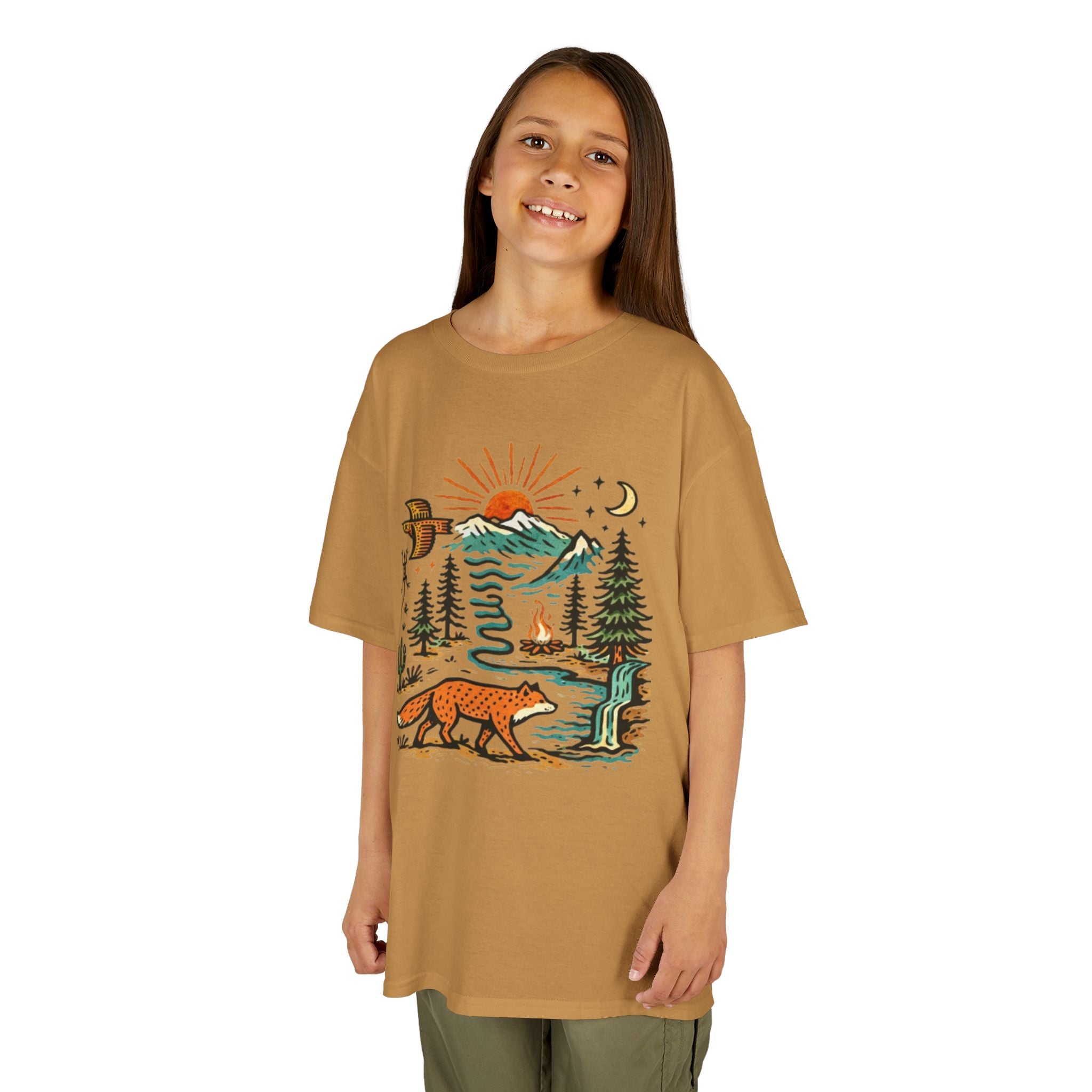 Kids T-Shirt | Retro Nature Scene with Fox Mountains & Sun | Adventure Outdoor Tee