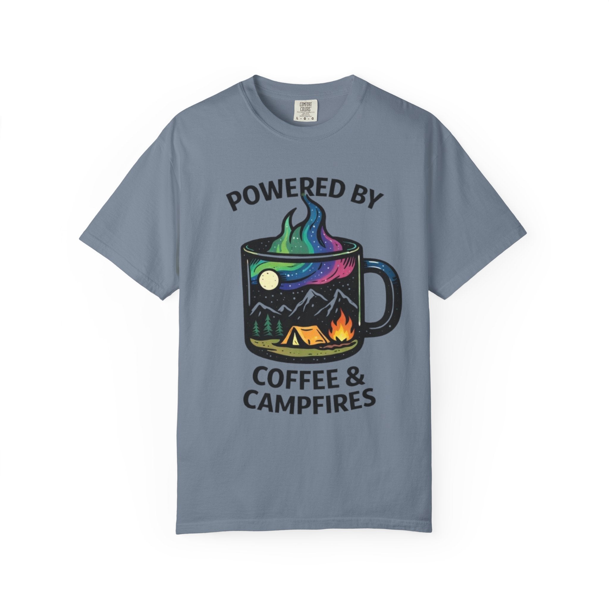 Powered by Coffee & Campfires T-shirt | Camping Mug Nature Graphic