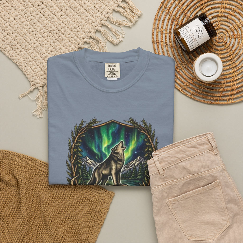 Deer Skull and Wolf Howling T-Shirt | Northern Lights Nature Graphic Tee