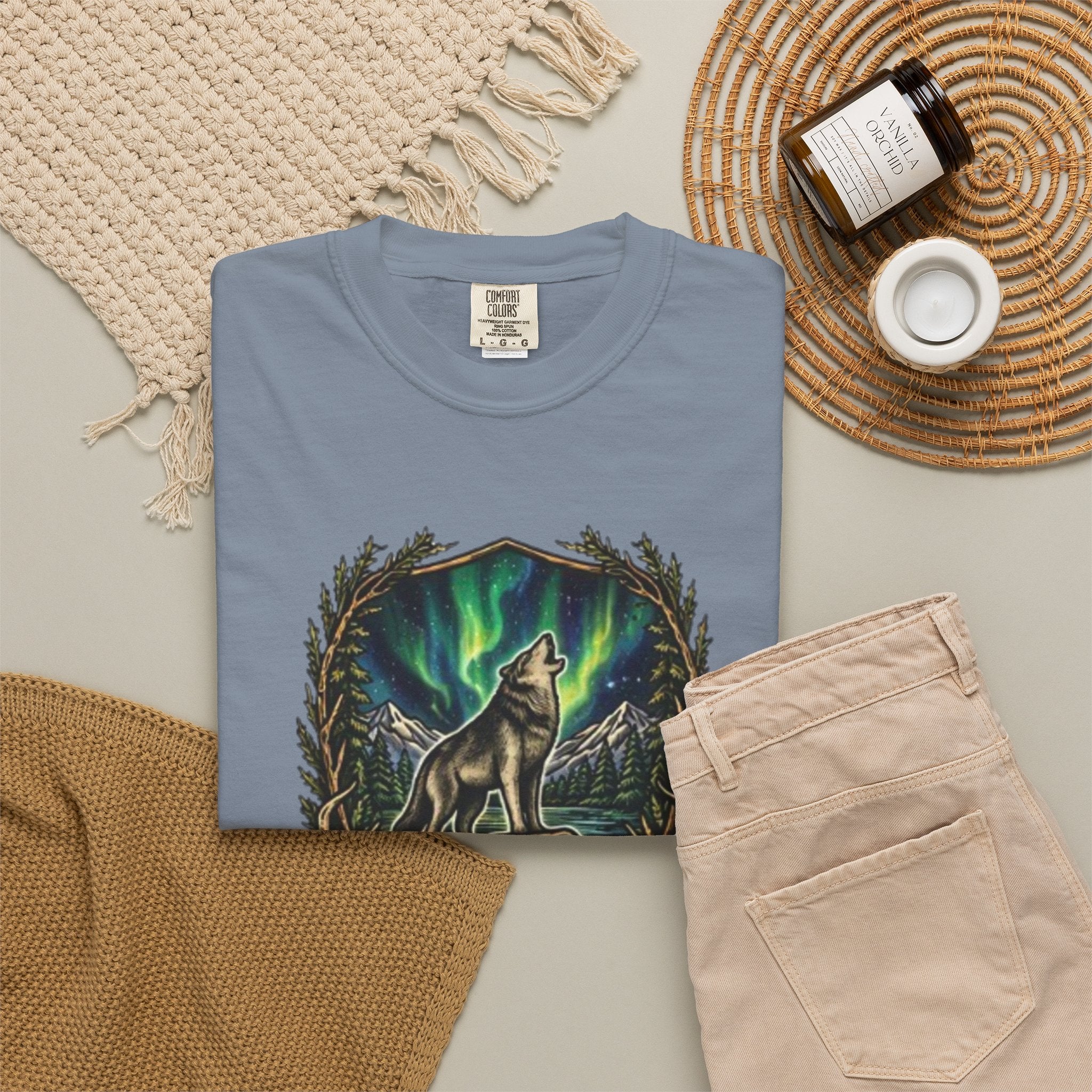 Deer Skull and Wolf Howling T-Shirt | Northern Lights Nature Graphic Tee