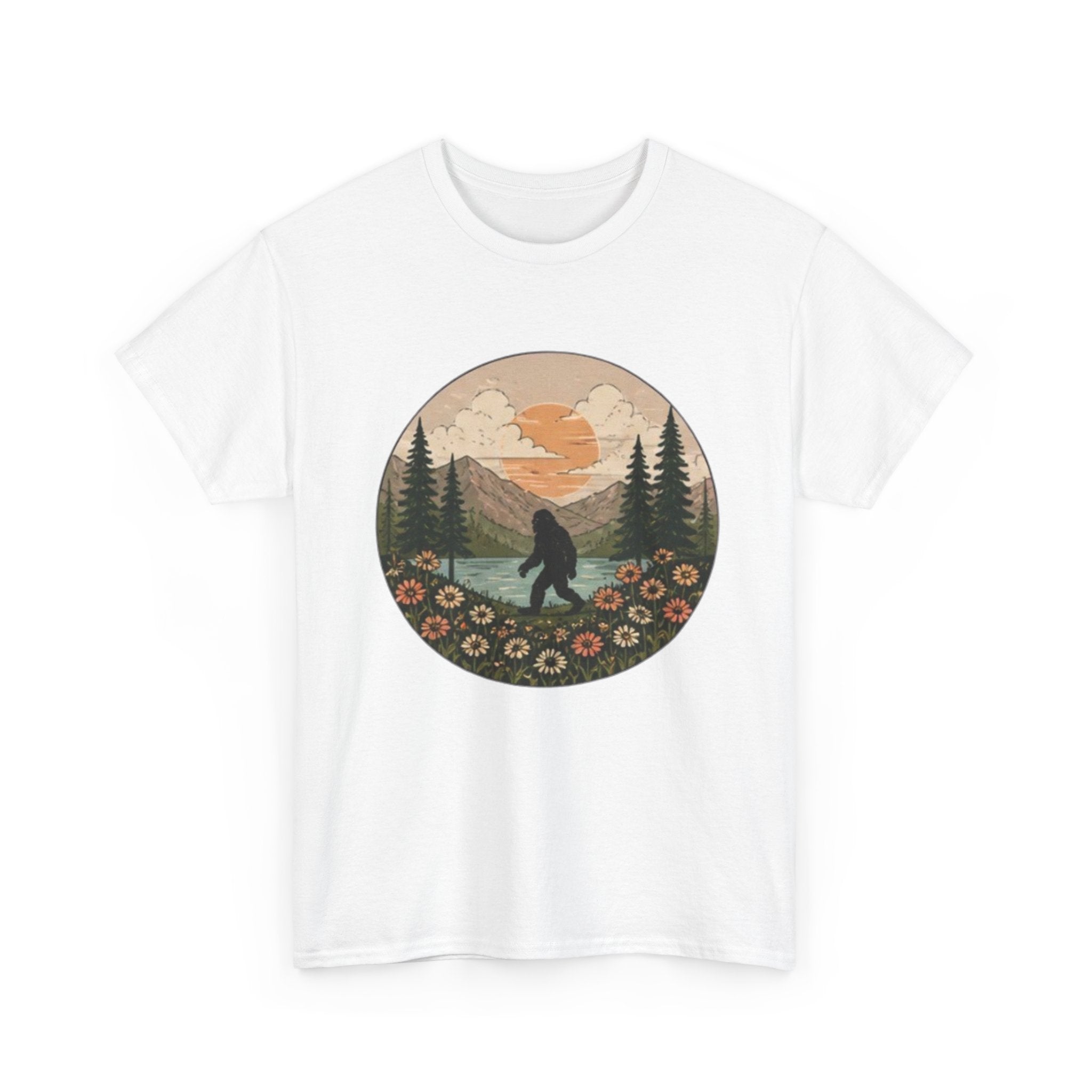 Bigfoot Meadow Retro Tee | Vintage Sasquatch with Flowers
