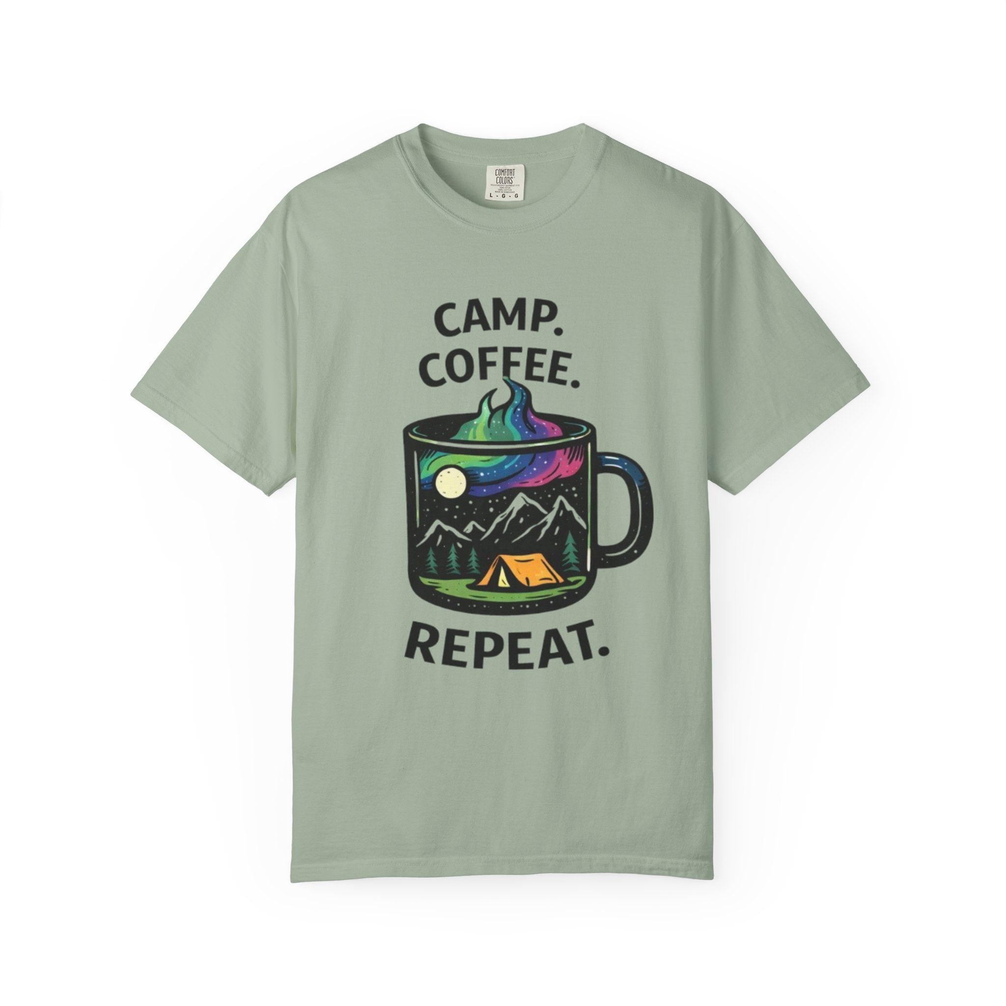 Camp Coffee Repeat T-Shirt | Camping Mug Graphic Tee