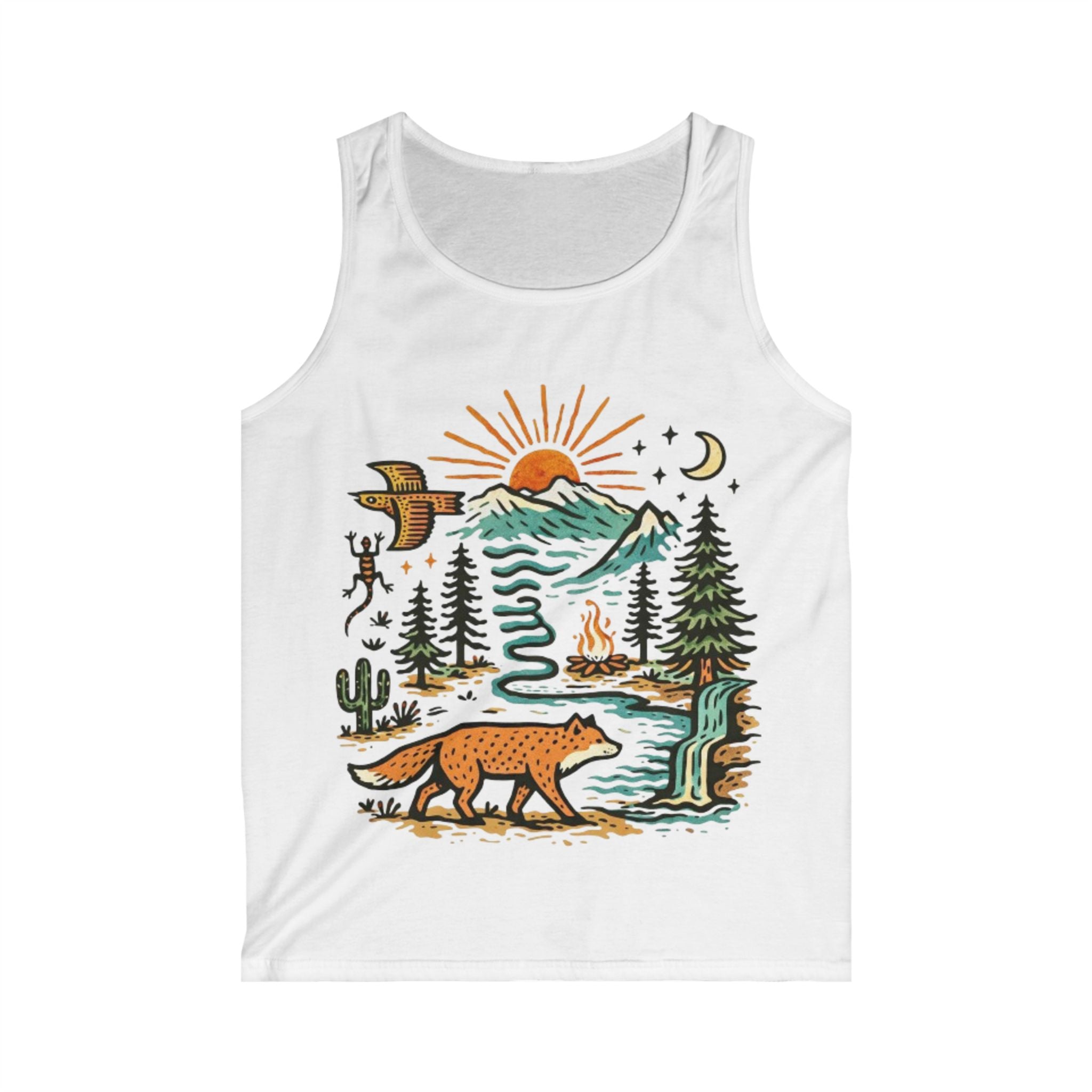 Nature Scene Tank Top | Fox, Mountains & Campfire Outdoor Graphic Tank