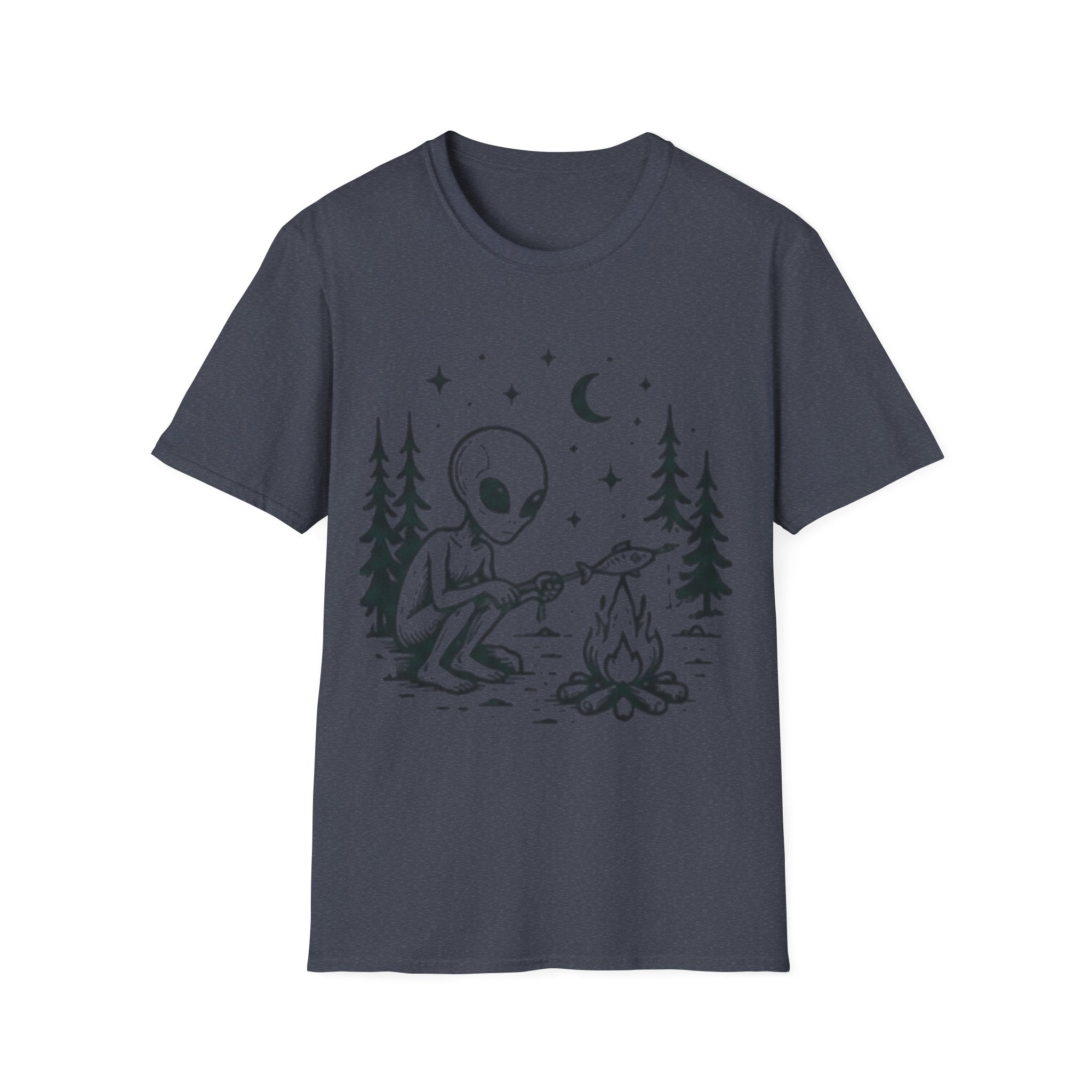 Alien Camping T-Shirt | Cute Space Alien Roasting Fish Graphic Tee
