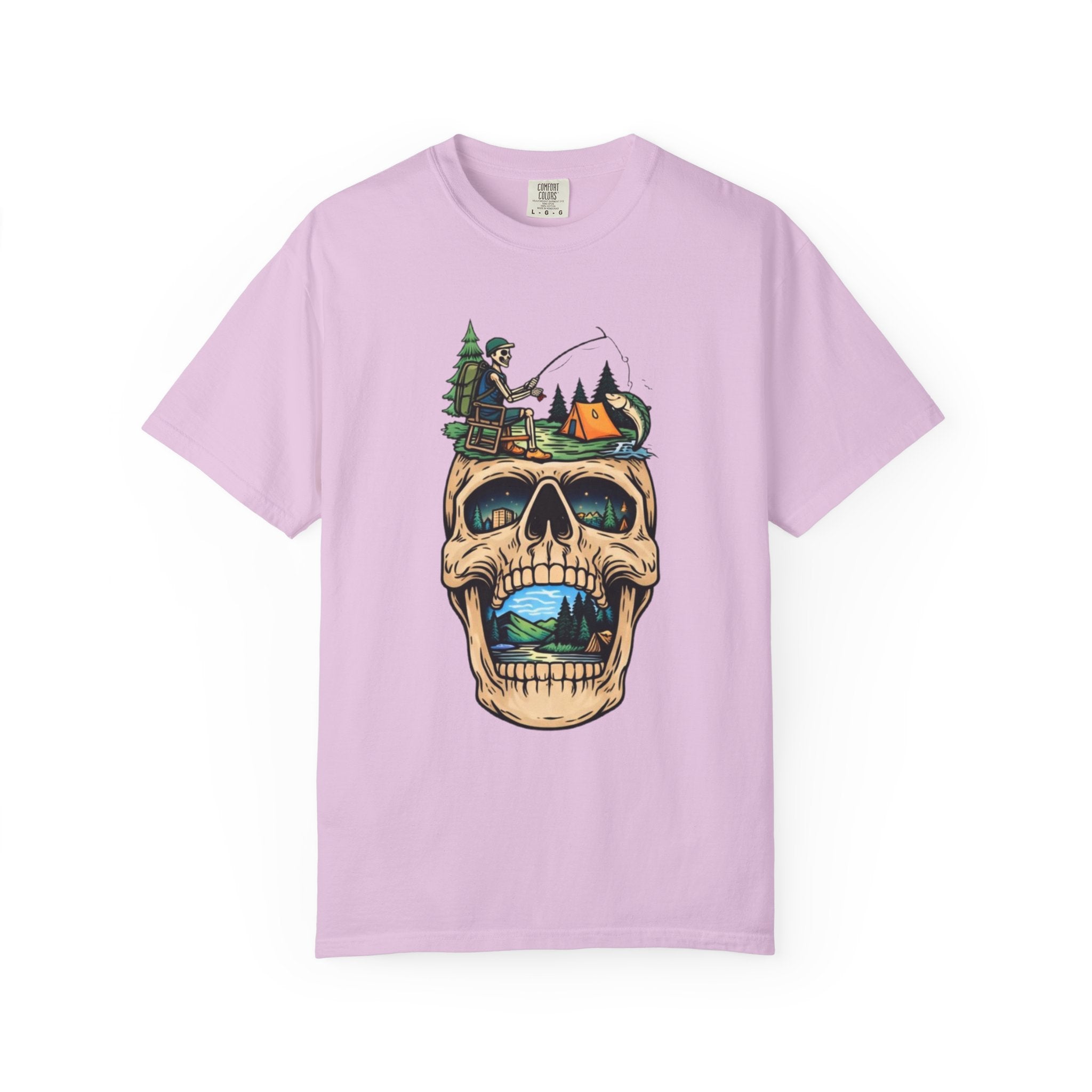 Skull Camping Scene T-shirt | Fishing Camper, Tent & Forest Graphic