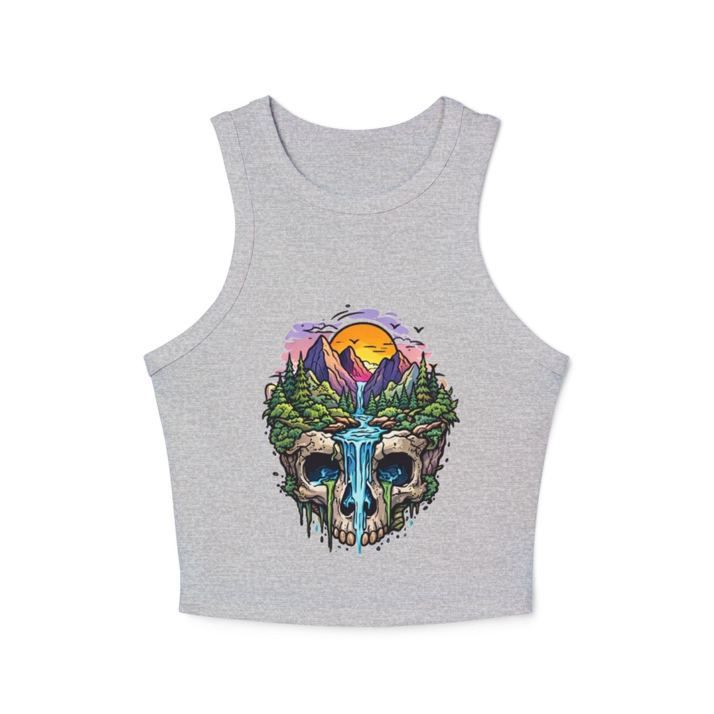 Womens Skull Landscape Racer Tank Top | Waterfall Skull Nature Graphic Crop