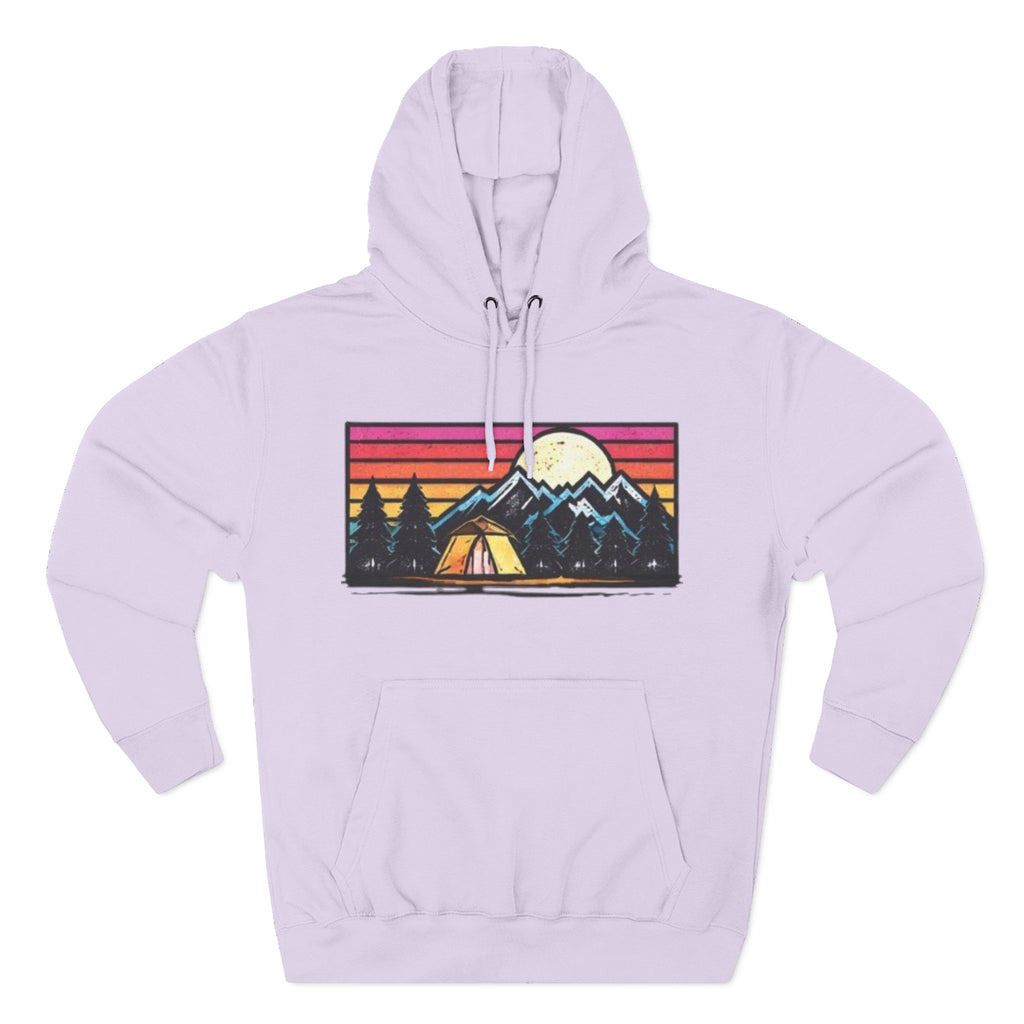 Retro Mountain Camping Hoodie — Sunrise Tent Graphic Fleece Hoodie