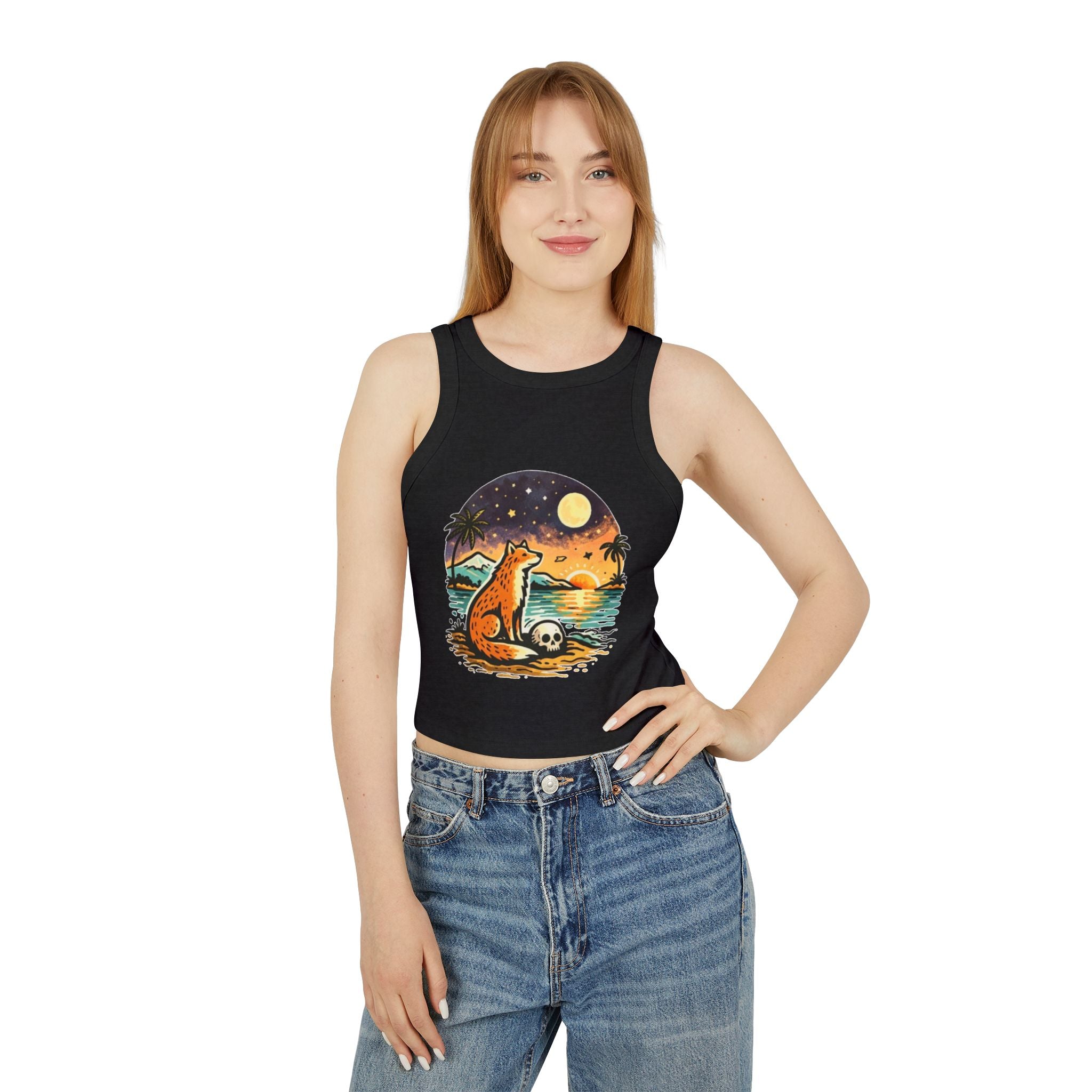 Fox Sunset Racer Tank Top | Vintage Beach Moon Graphic