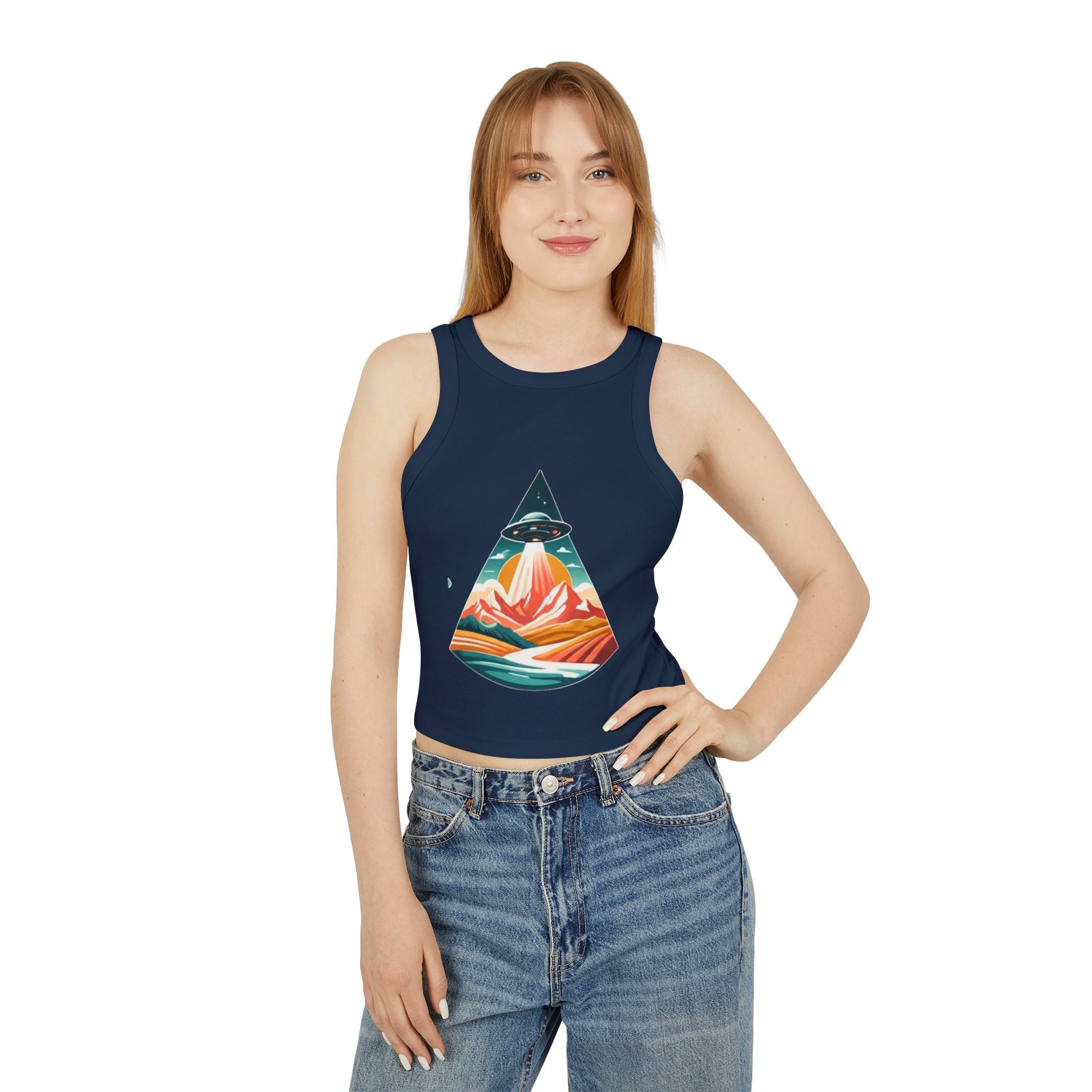 Ribbed Racer Tank Top | Retro UFO Mountain Graphic