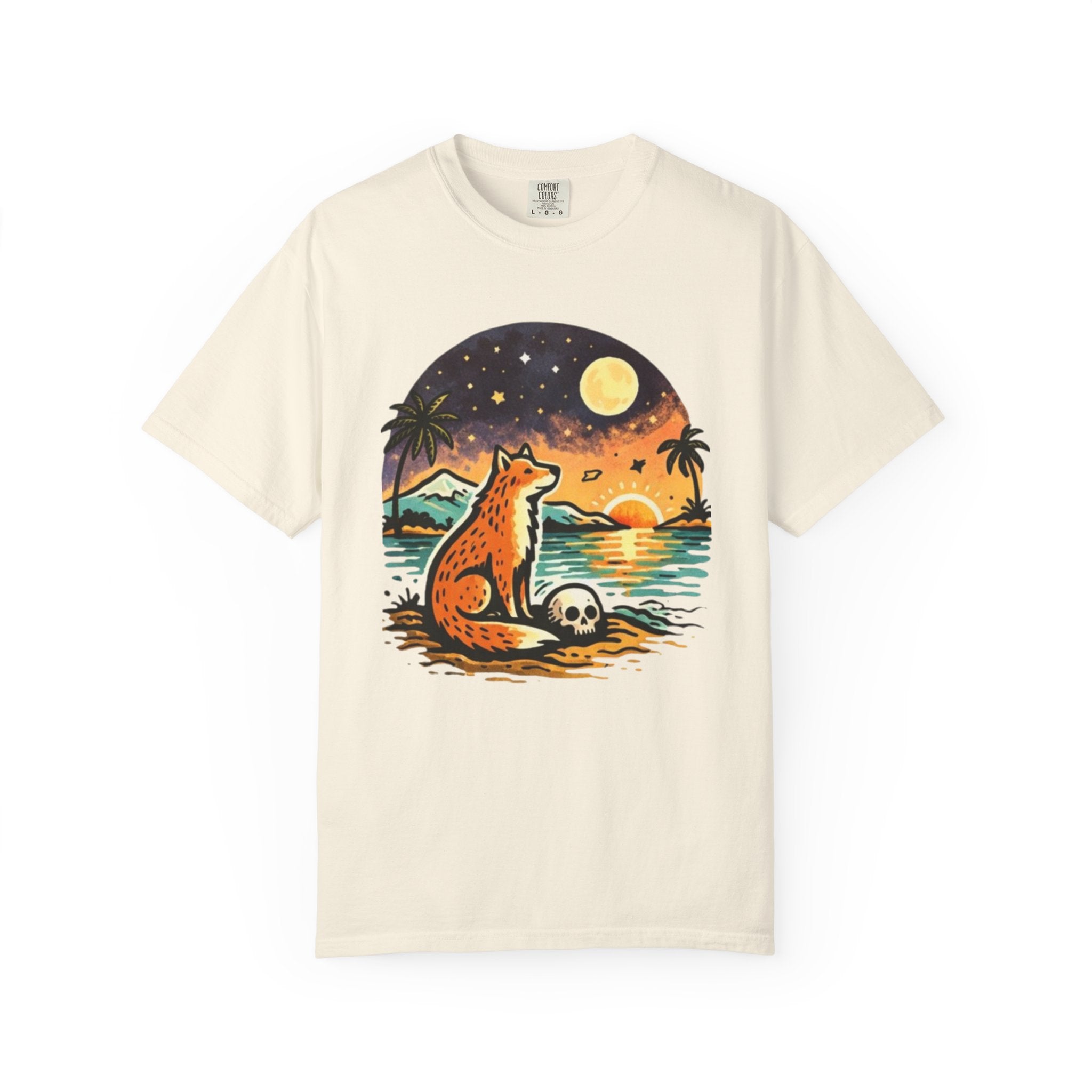 Fox Sunset T-Shirt - Beach Fox Graphic Tee with Skull, Moon & Palm Trees