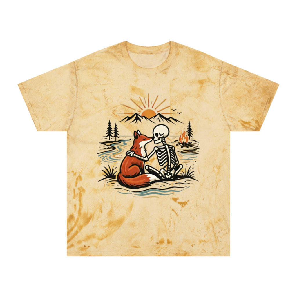 Fox & Skeleton Sunset T-Shirt | Vintage Nature Graphic Tee