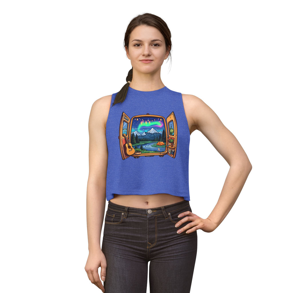 Adventure Window Crop Top | Mountain Camping, Aurora & Guitar Graphic