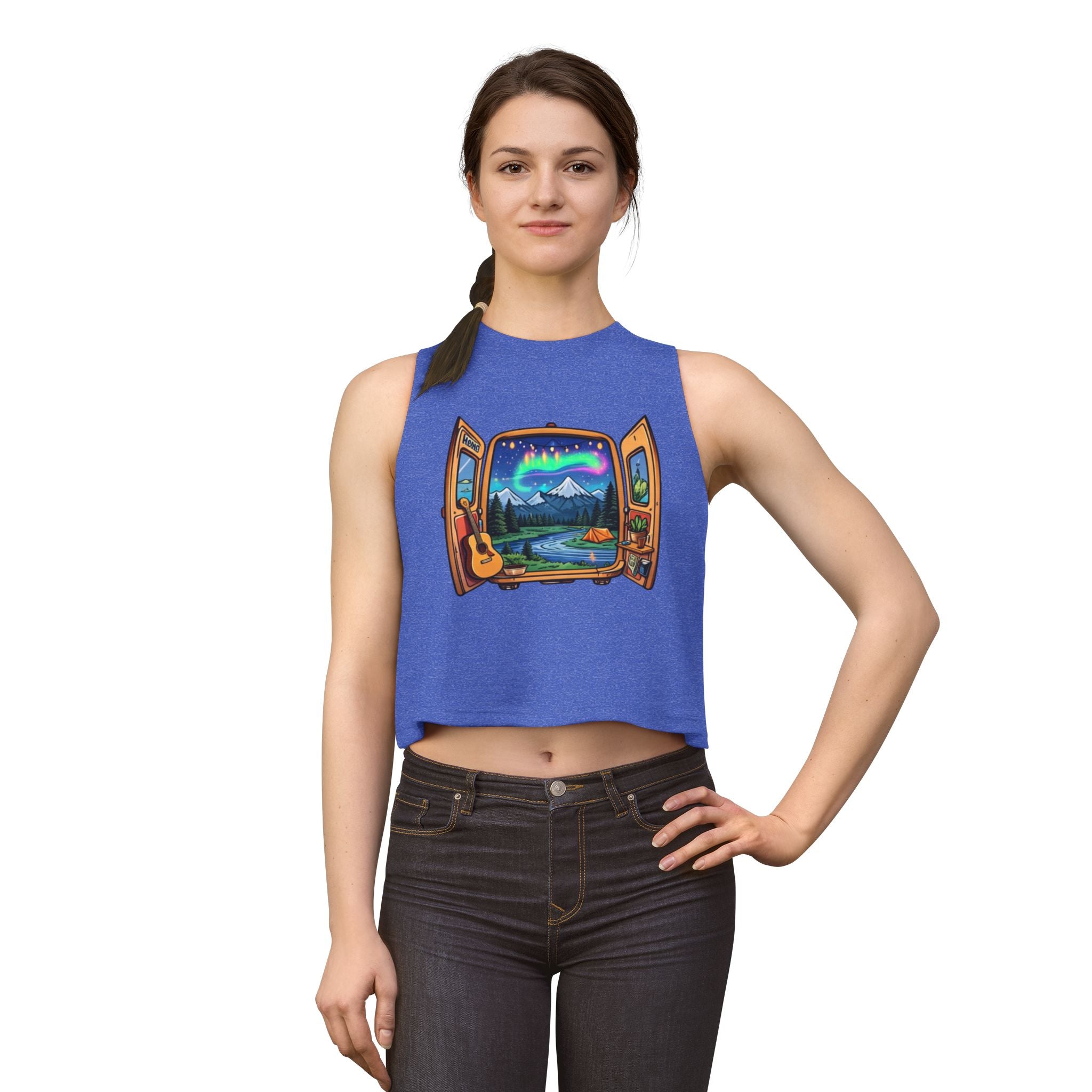 Adventure Window Crop Top | Mountain Camping, Aurora & Guitar Graphic