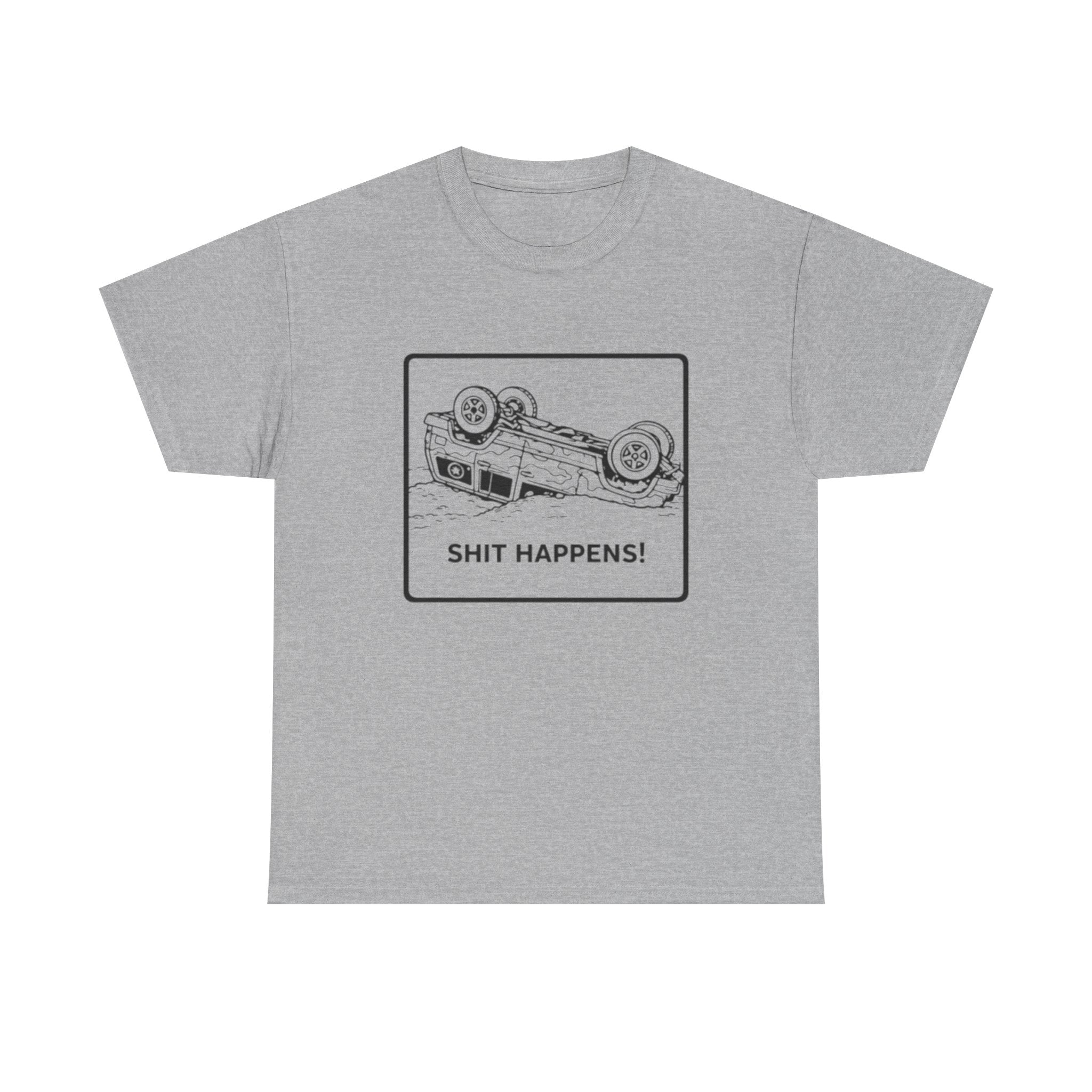 Graphic Tee | Upside-Down Car "Shit Happens!" Vintage Sketch T-Shirt