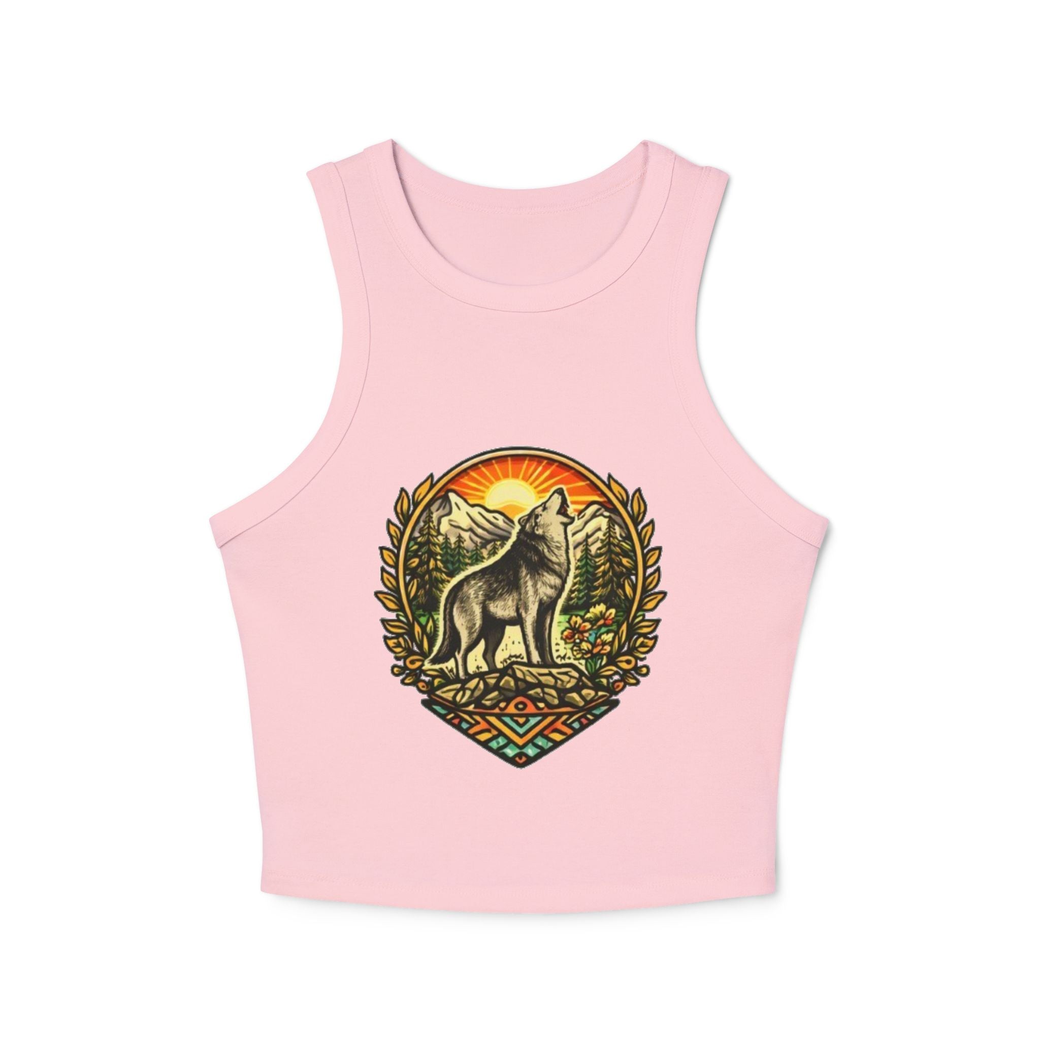Wolf Sunrise Racer Tank Top | Vintage Nature Graphic Crop