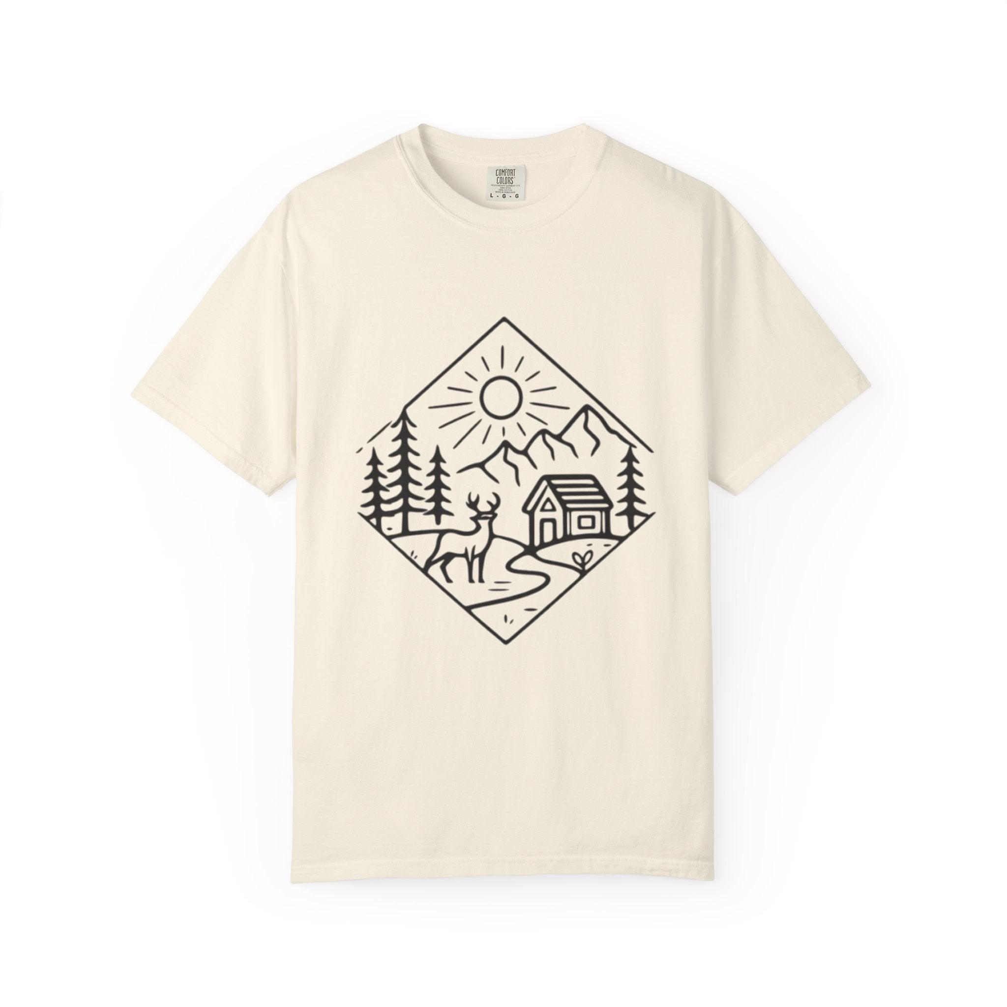 Cabin Adventure Graphic T-Shirt | Mountain, Deer & Forest Line Art