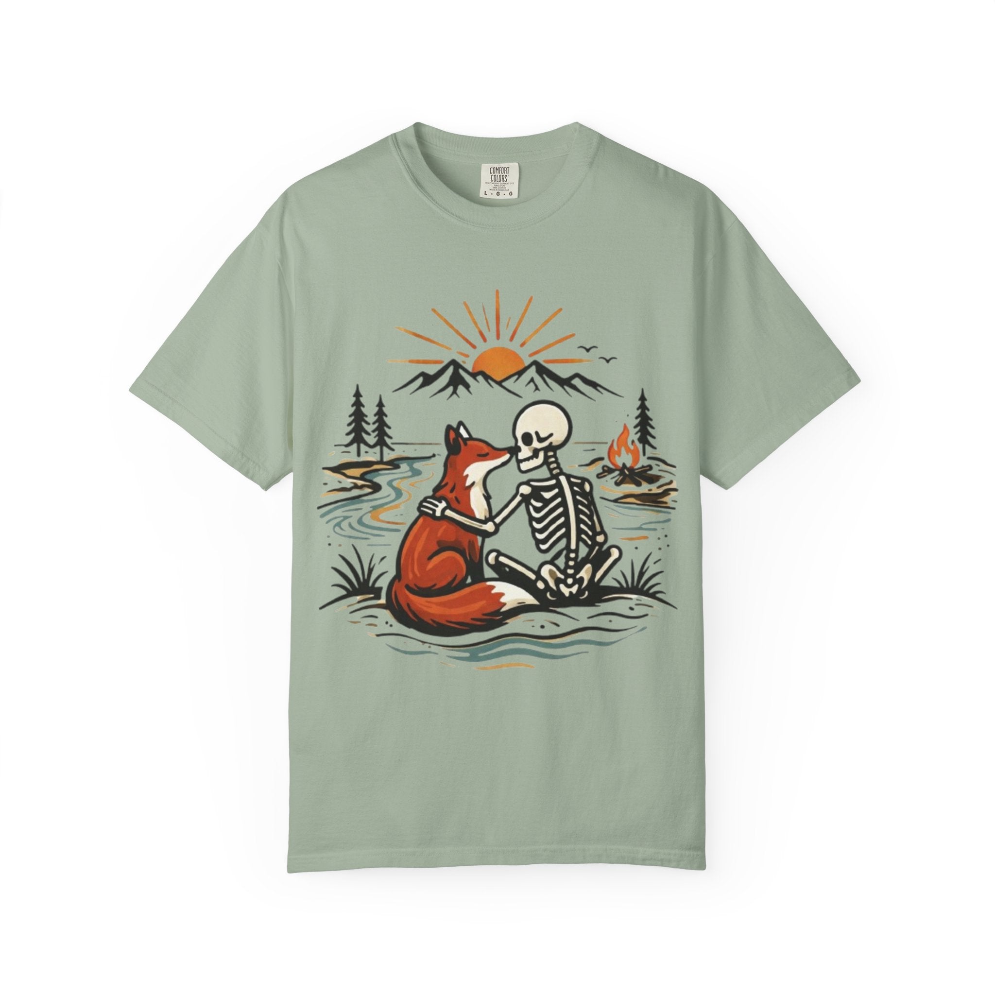 Skeleton & Fox Tee Retro Campfire Nature Graphic T-Shirt
