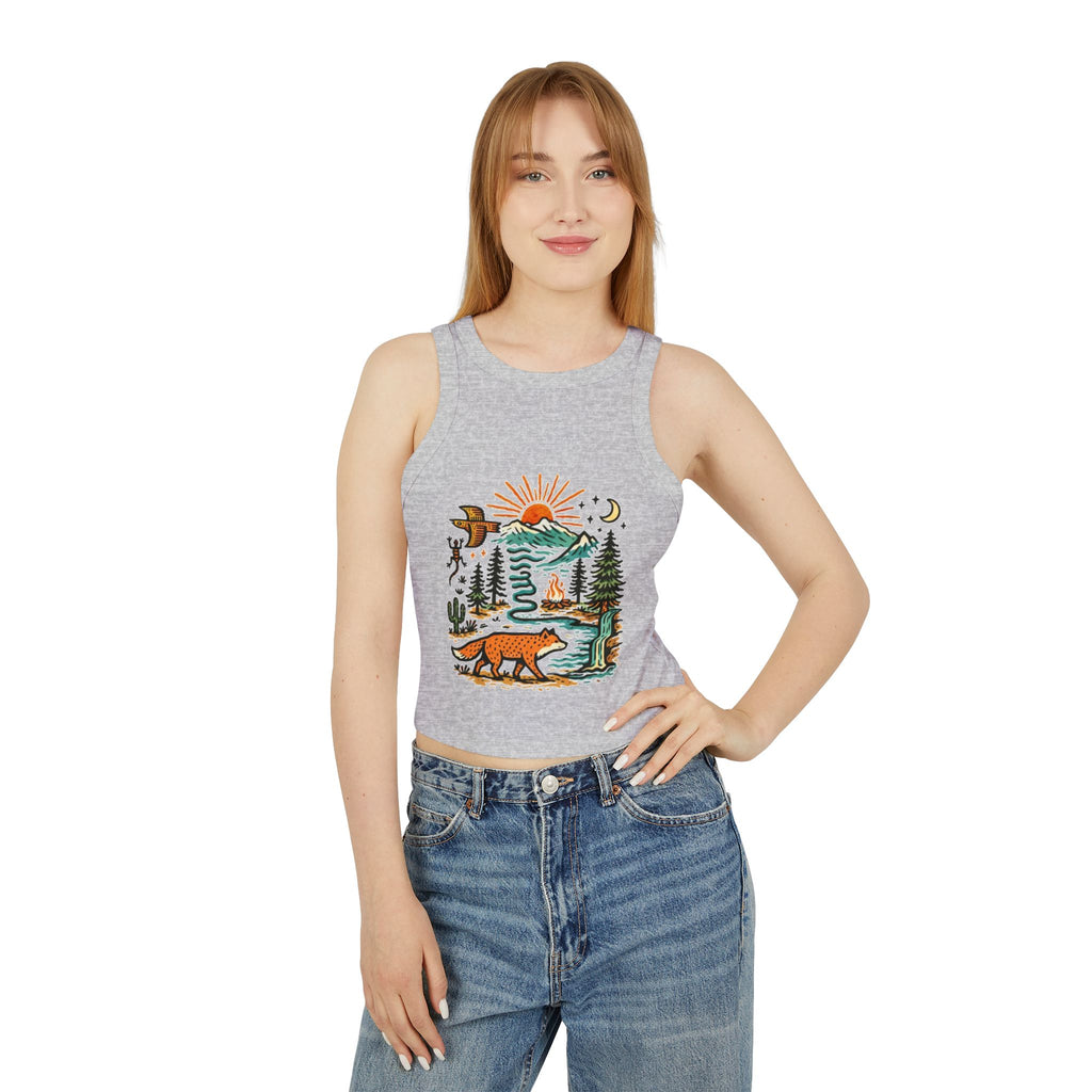 Womens Ribbed Tank Top | Sunset Wilderness Nature Graphic | Fox & Mountains
