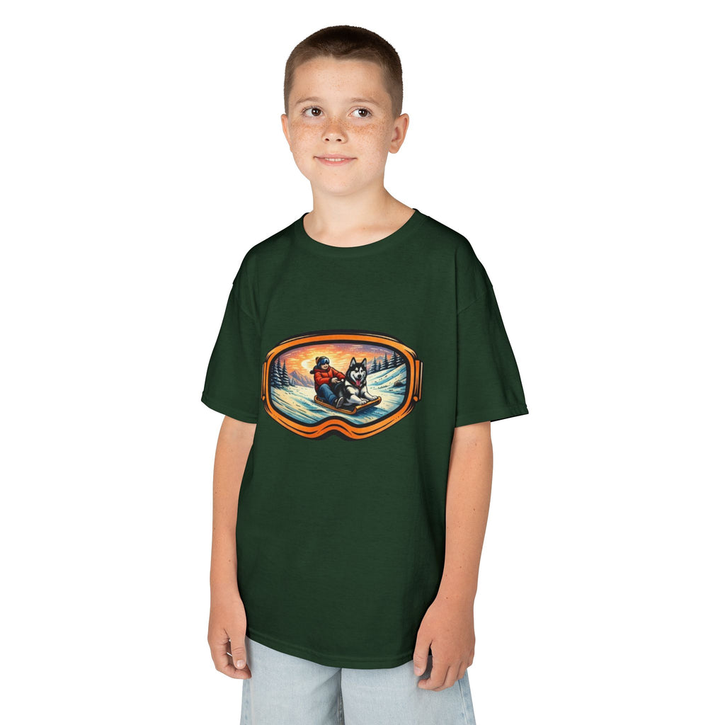 Kids Sledding with Dog Tee | Boys Best Friend Winter Graphic