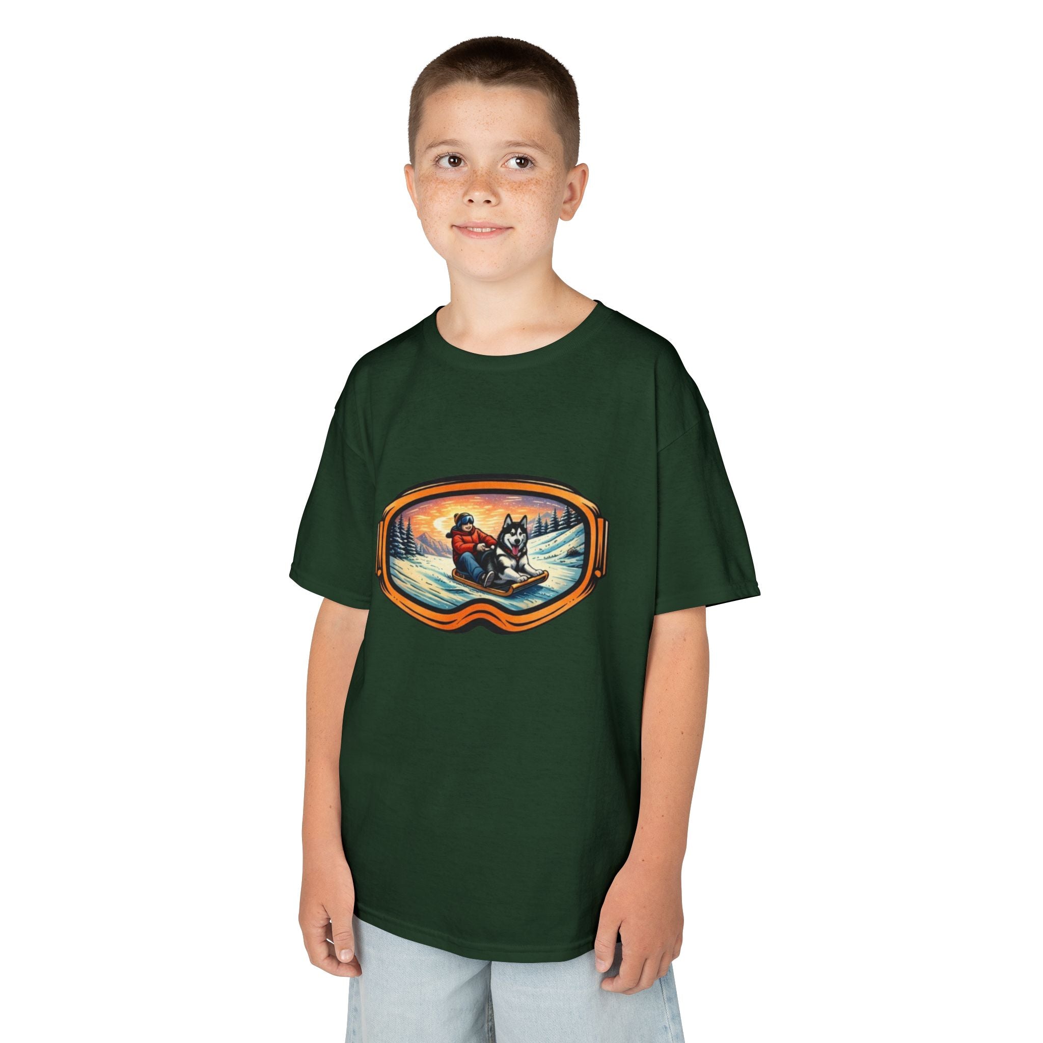 Kids Sledding with Dog Tee | Boys Best Friend Winter Graphic