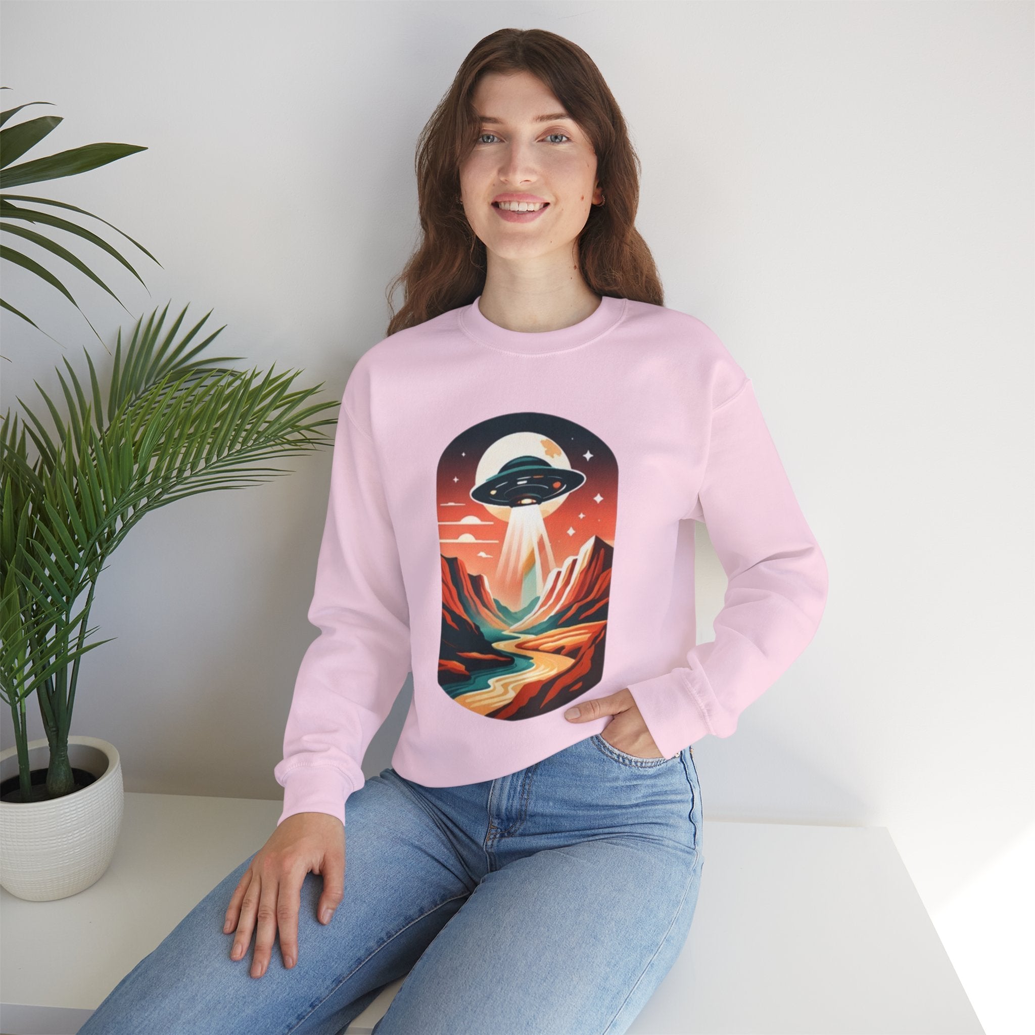 UFO Adventure Crewneck Sweatshirt | Retro Alien Abduction Mountain Graphic