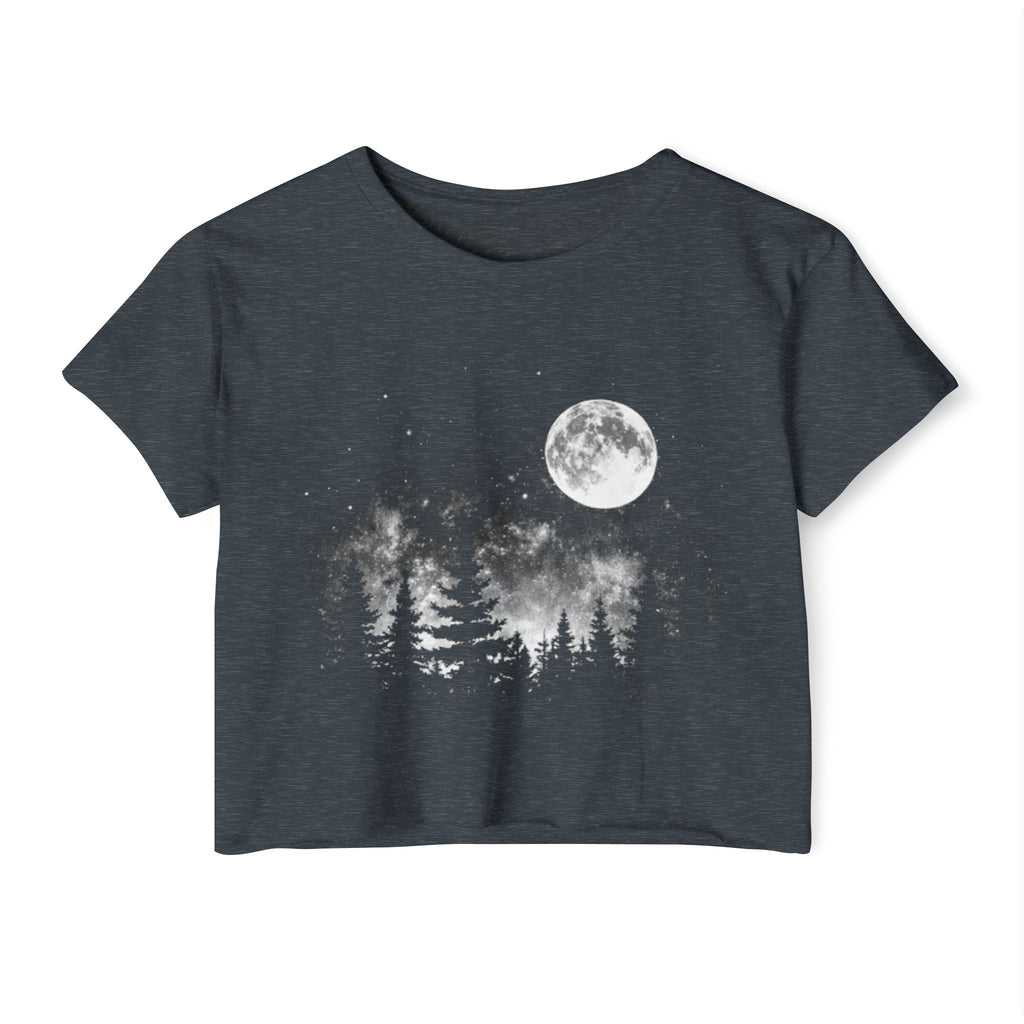 Moonlit Forest Crop Top | Women's Festival Moon & Pine Tree Graphic