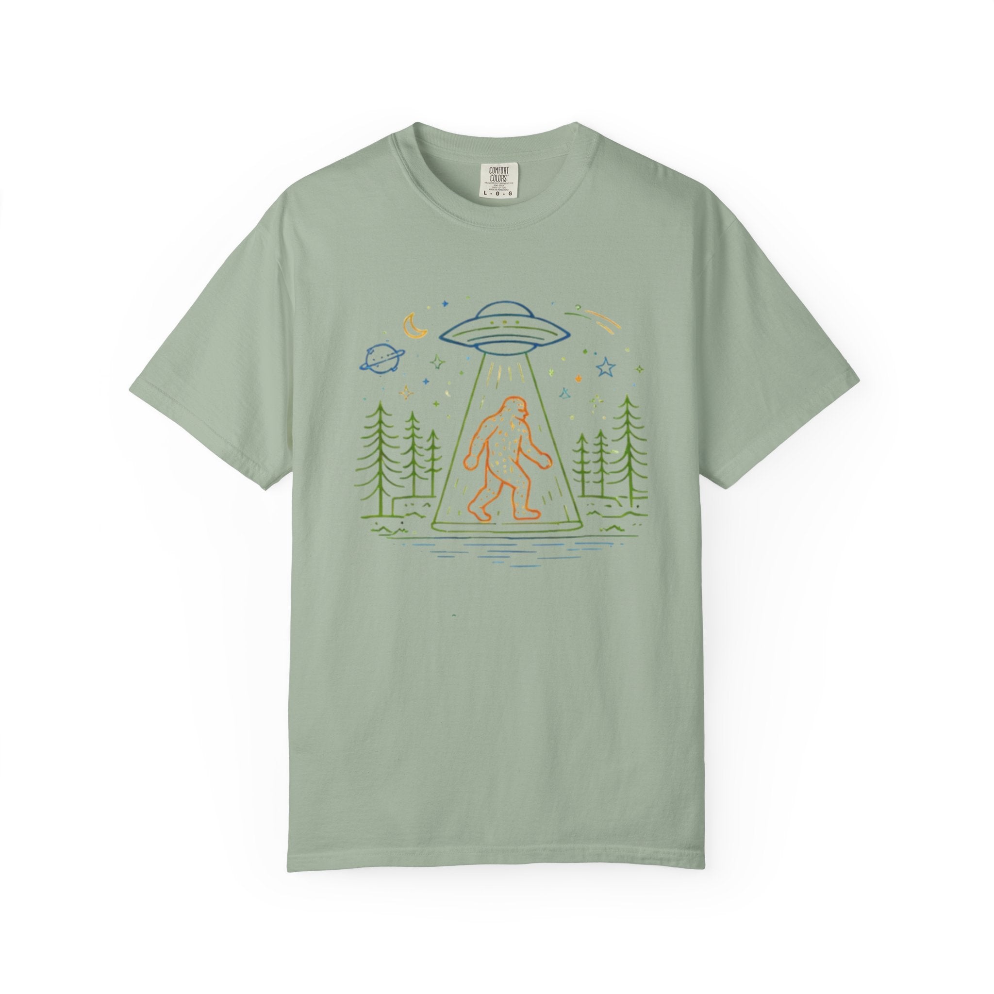 Bigfoot UFO Abduction T-Shirt | Retro Line Art Sasquatch Tee