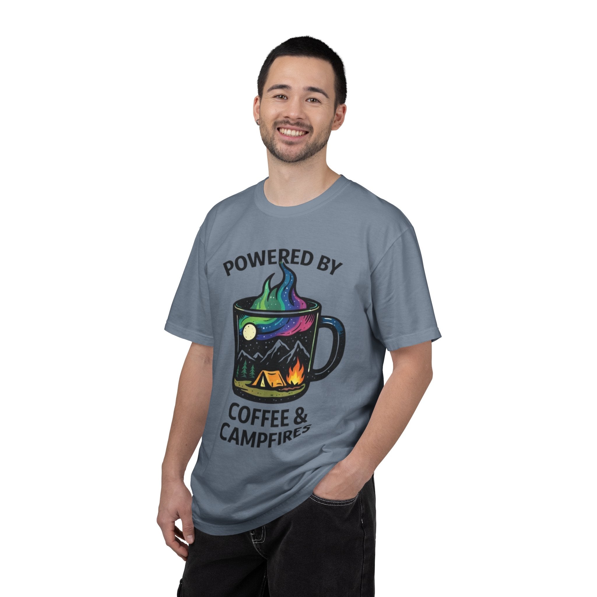 Powered by Coffee & Campfires T-shirt | Camping Mug Nature Graphic