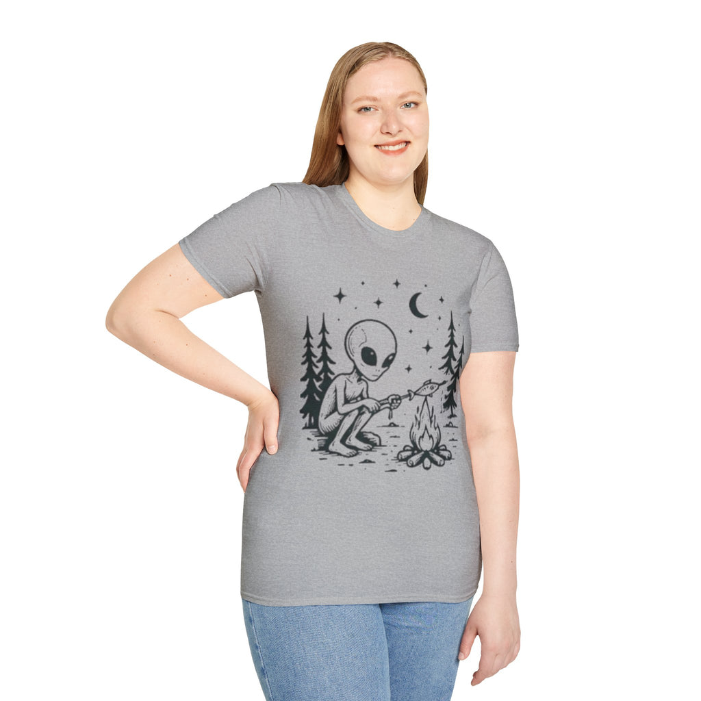 Alien Camping T-Shirt | Cute Space Alien Roasting Fish Graphic Tee