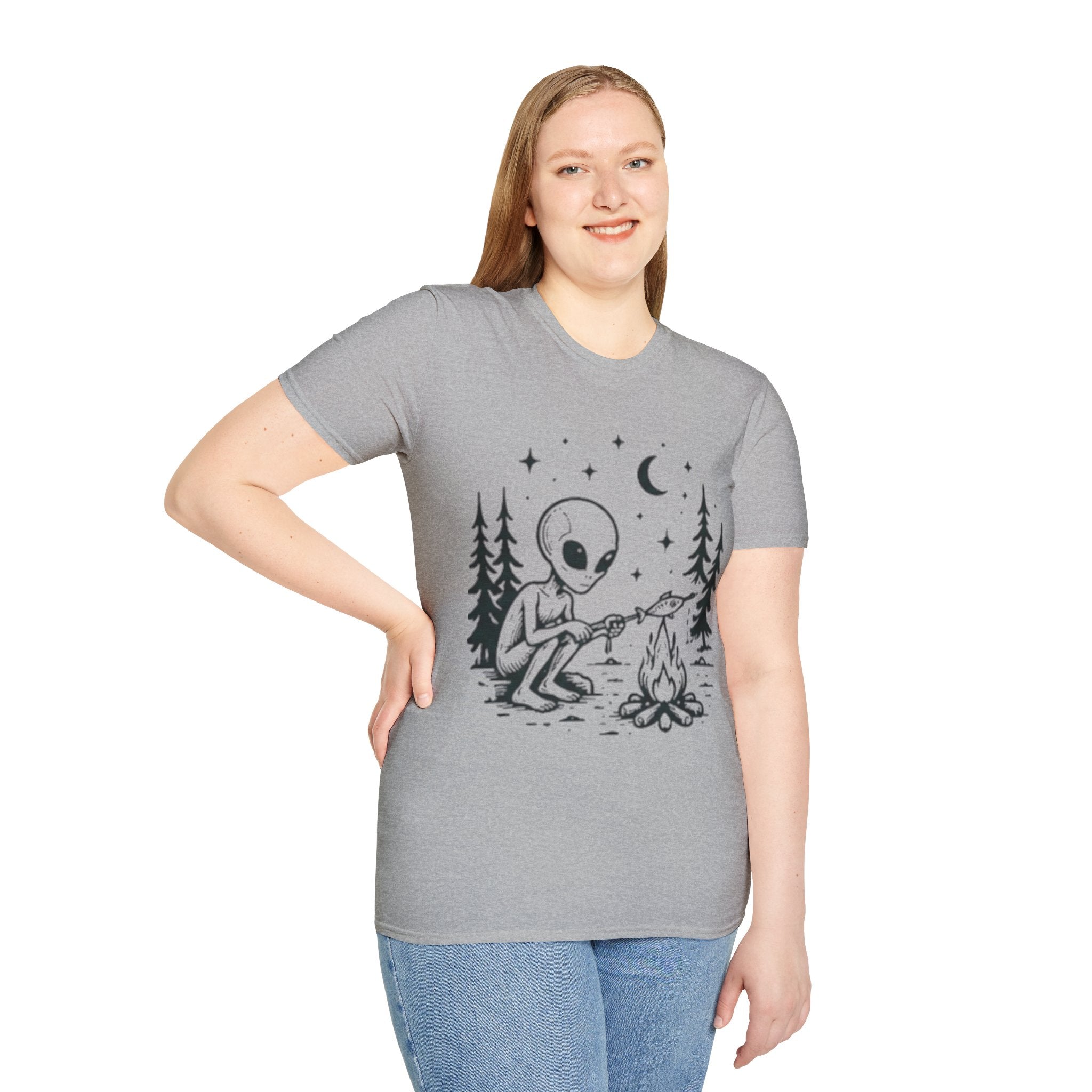 Alien Camping T-Shirt | Cute Space Alien Roasting Fish Graphic Tee