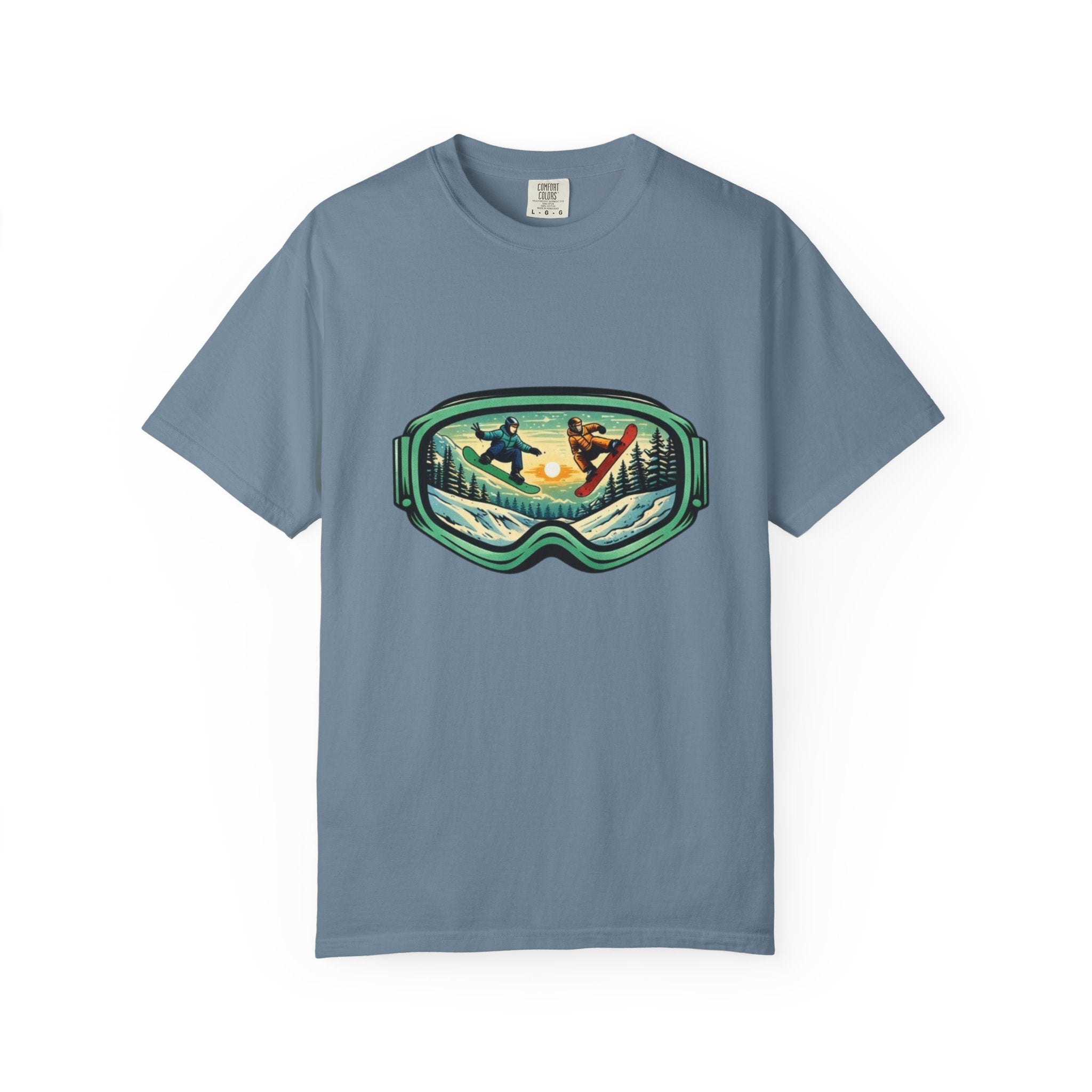 Snowboard Goggles Graphic T-Shirt | Mountain Scene with Ride the Ridge Design