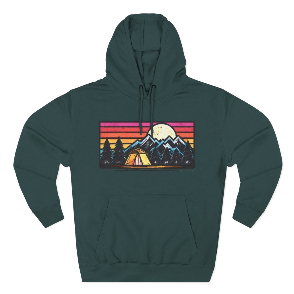 Retro Mountain Camping Hoodie — Sunrise Tent Graphic Fleece Hoodie