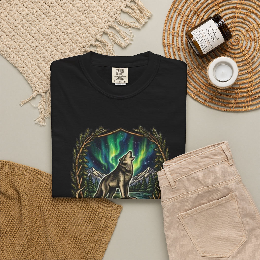 Deer Skull and Wolf Howling T-Shirt | Northern Lights Nature Graphic Tee