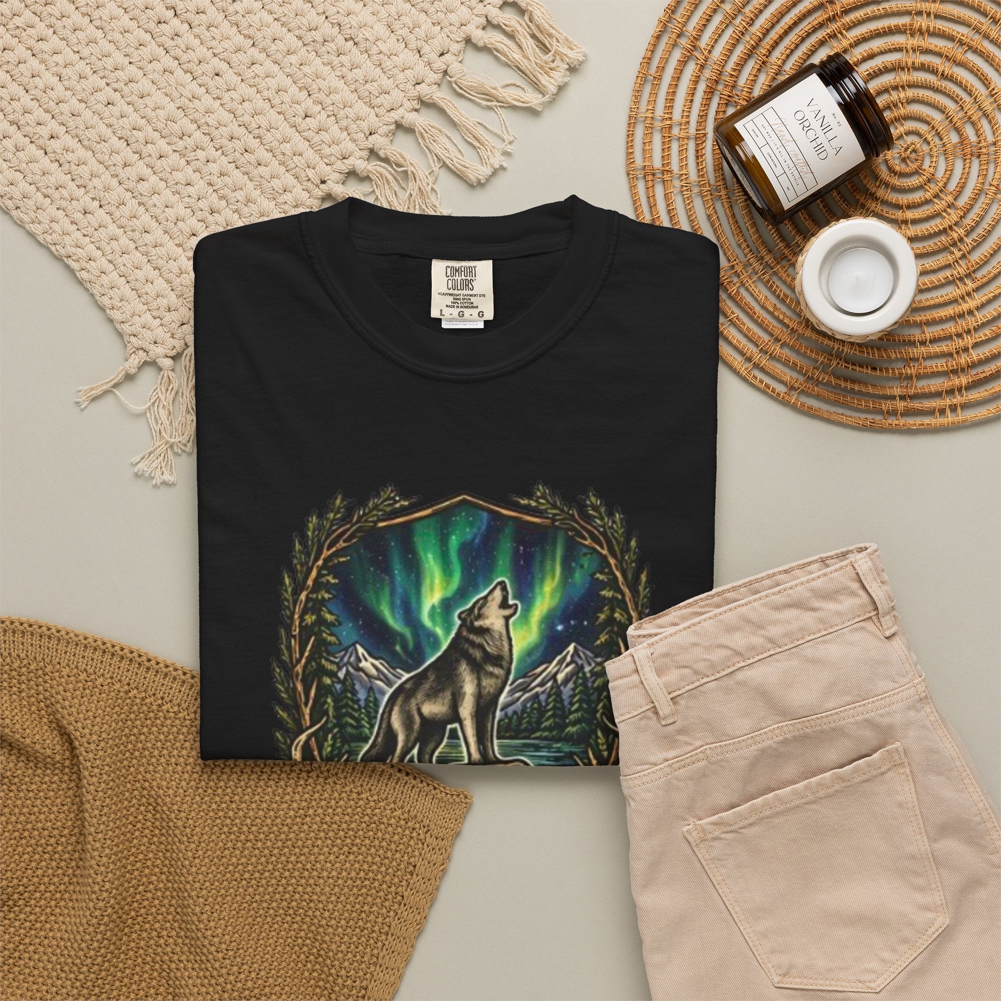 Deer Skull and Wolf Howling T-Shirt | Northern Lights Nature Graphic Tee