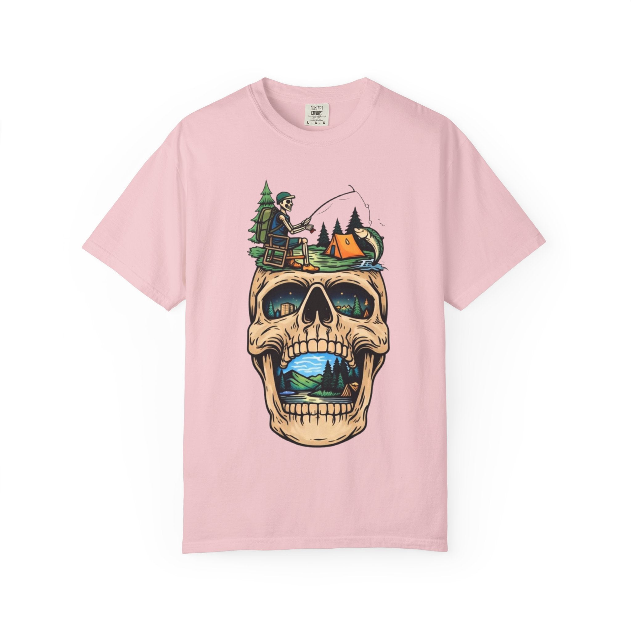 Skull Camping Scene T-shirt | Fishing, Tent, Forest Outdoor Graphic