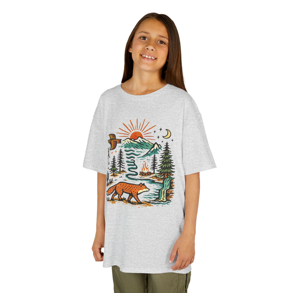 Kids T-Shirt | Retro Nature Scene with Fox Mountains & Sun | Adventure Outdoor Tee