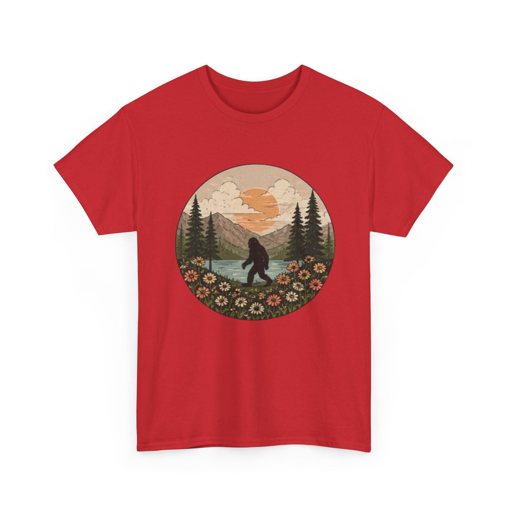Bigfoot Meadow Retro Tee | Vintage Sasquatch with Flowers