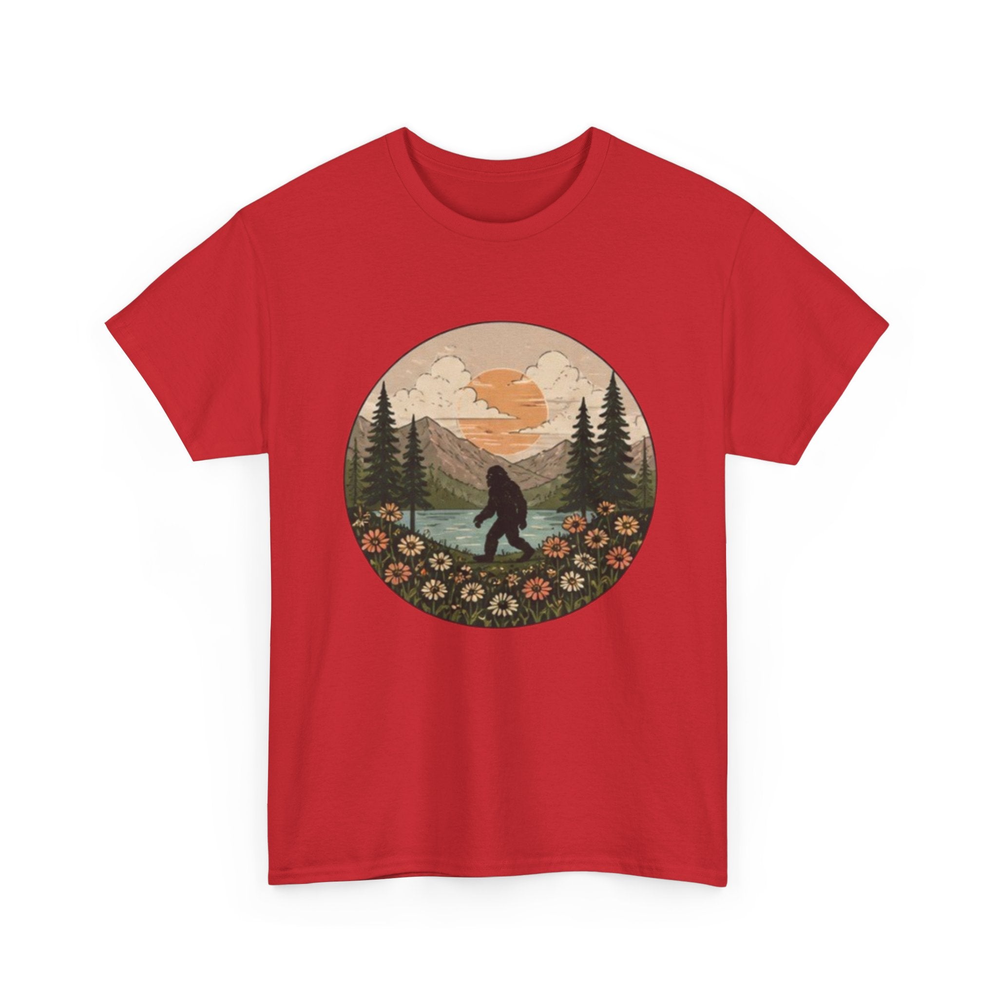 Bigfoot Meadow Retro Tee | Vintage Sasquatch with Flowers