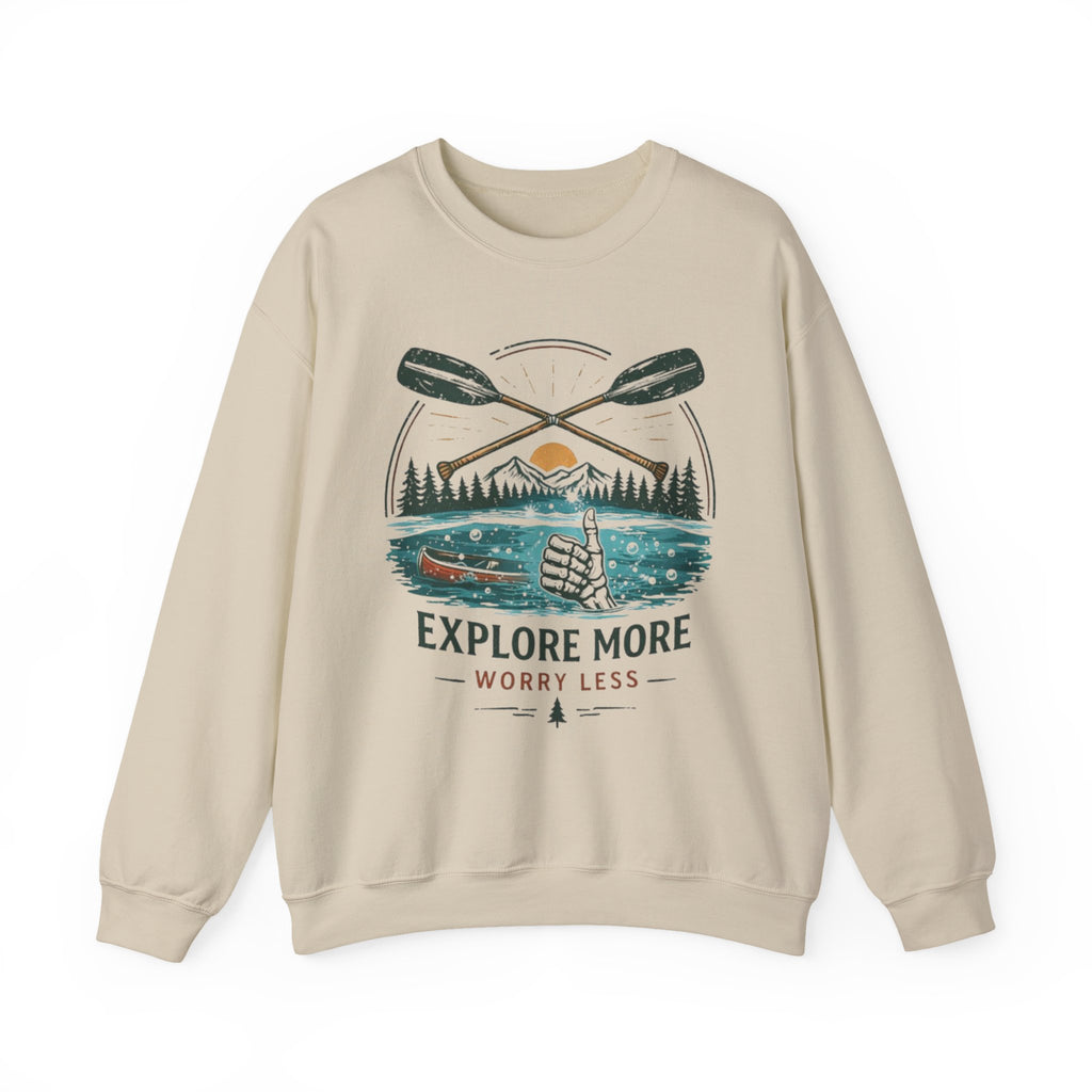 Crewneck Sweatshirt | "Explore More Worry Less" Outdoor Adventure Graphic