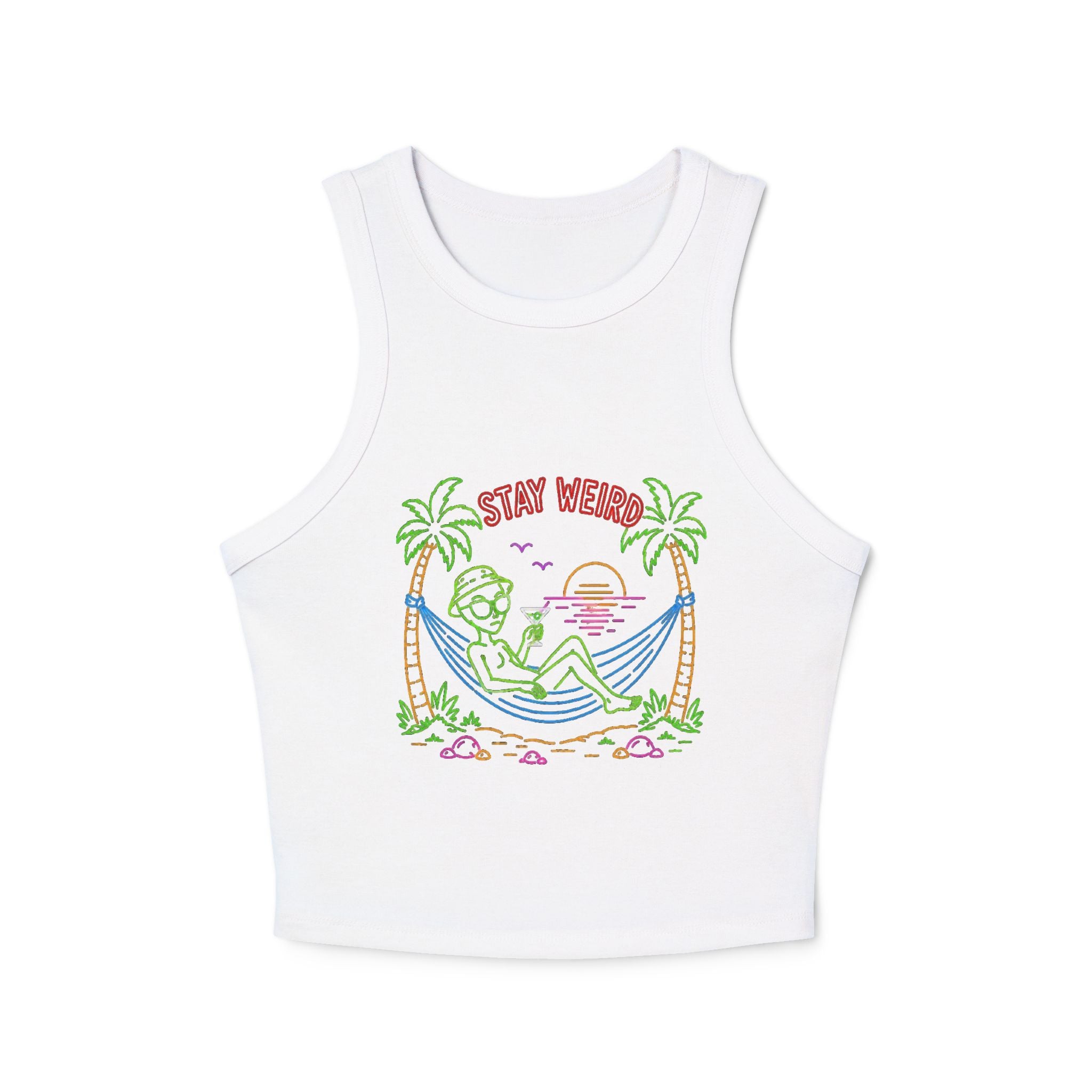 Stay Weird Tank Top | Womens Ribbed Racerback Crop Tank with Retro Beach Graphic