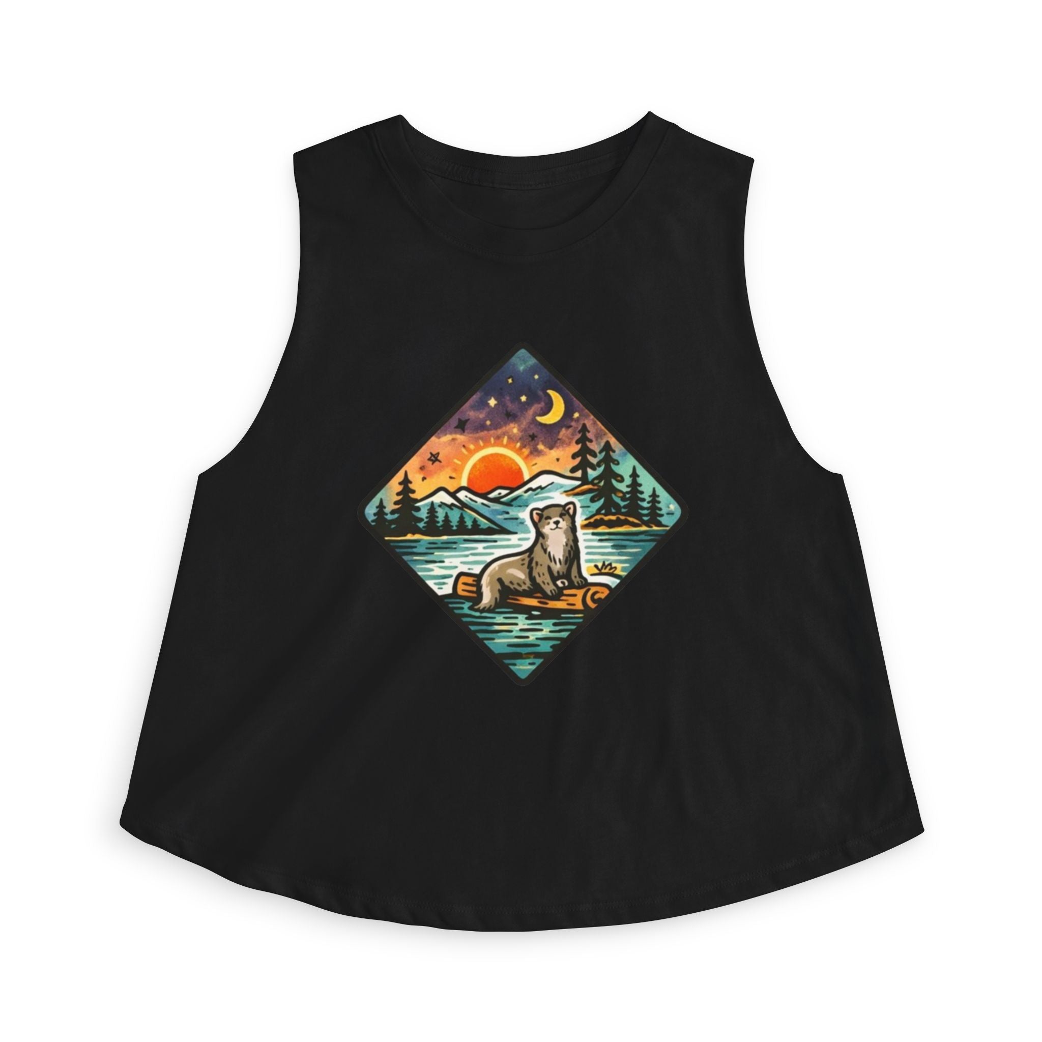 Retro Otter Sunset Galaxy Crop Top | Mountainscape Graphic