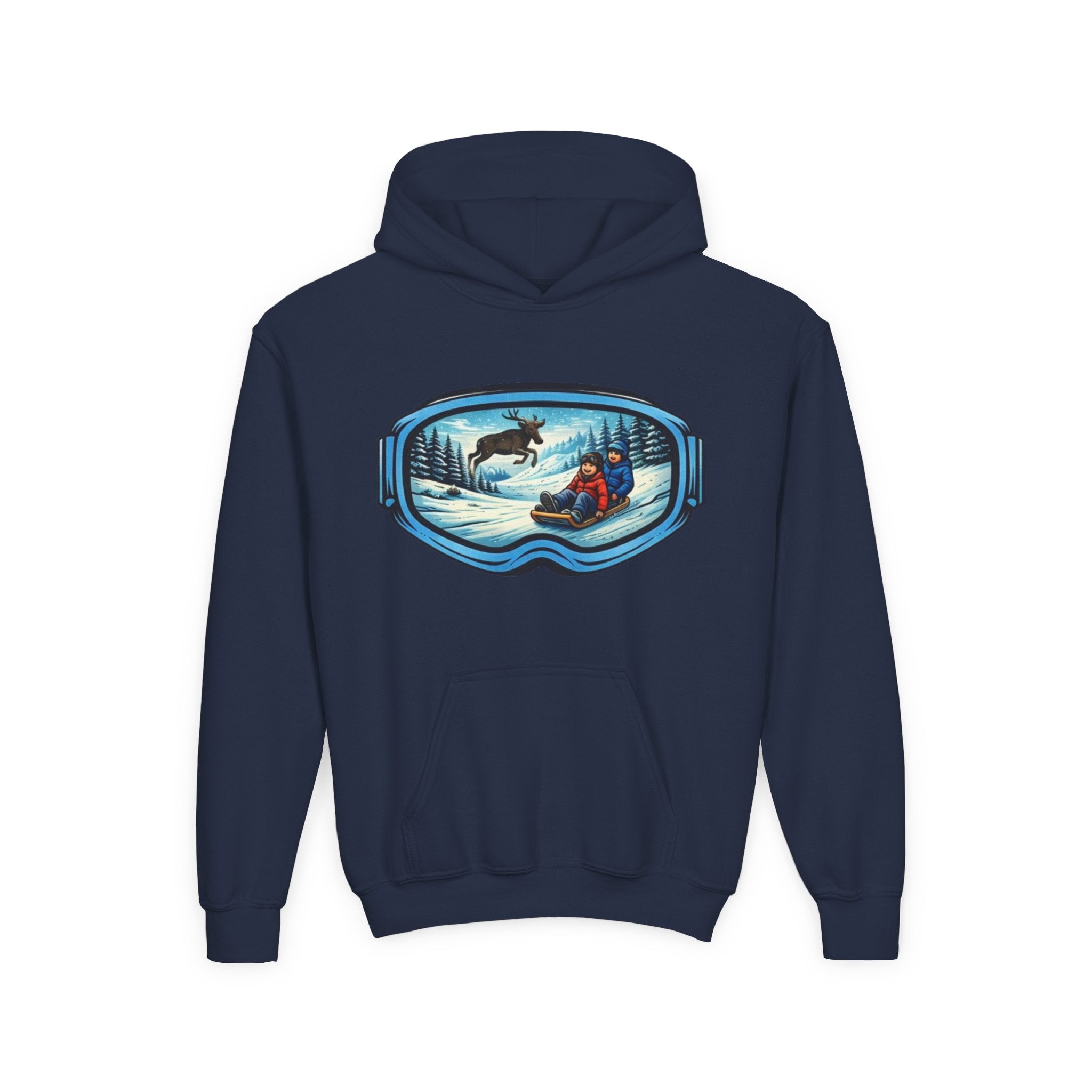 Youth Hoodie | Snow Goggles Winter Sledding Moose Graphic