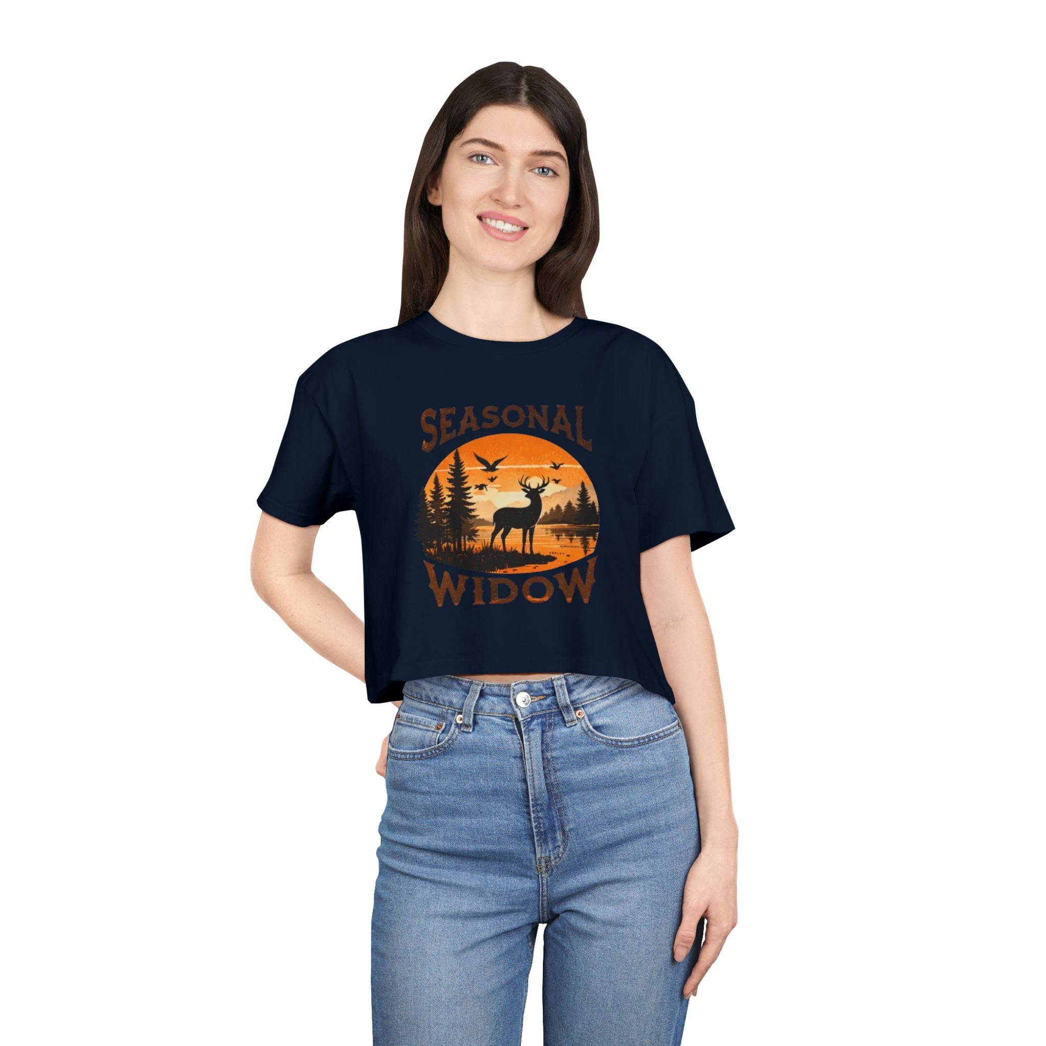 Seasonal Widow Crop Tee | Autumn Hunting Deer Sunset Graphic