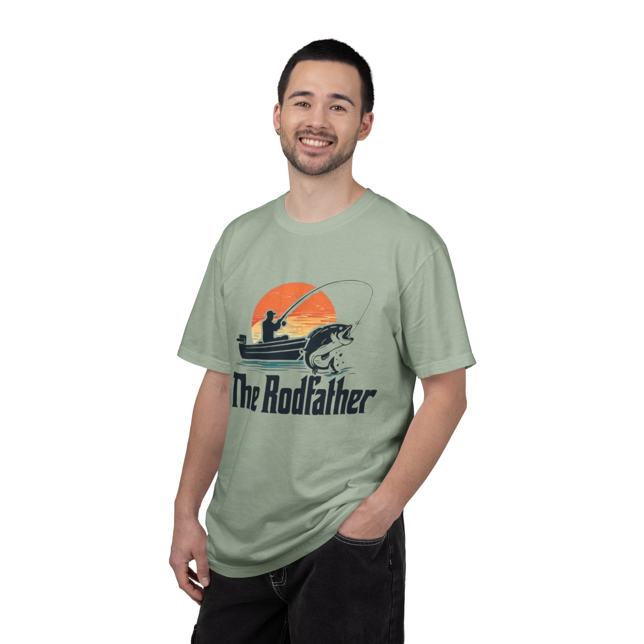 The Rodfather fishing silhouette T-Shirt | Bass boat sunset design