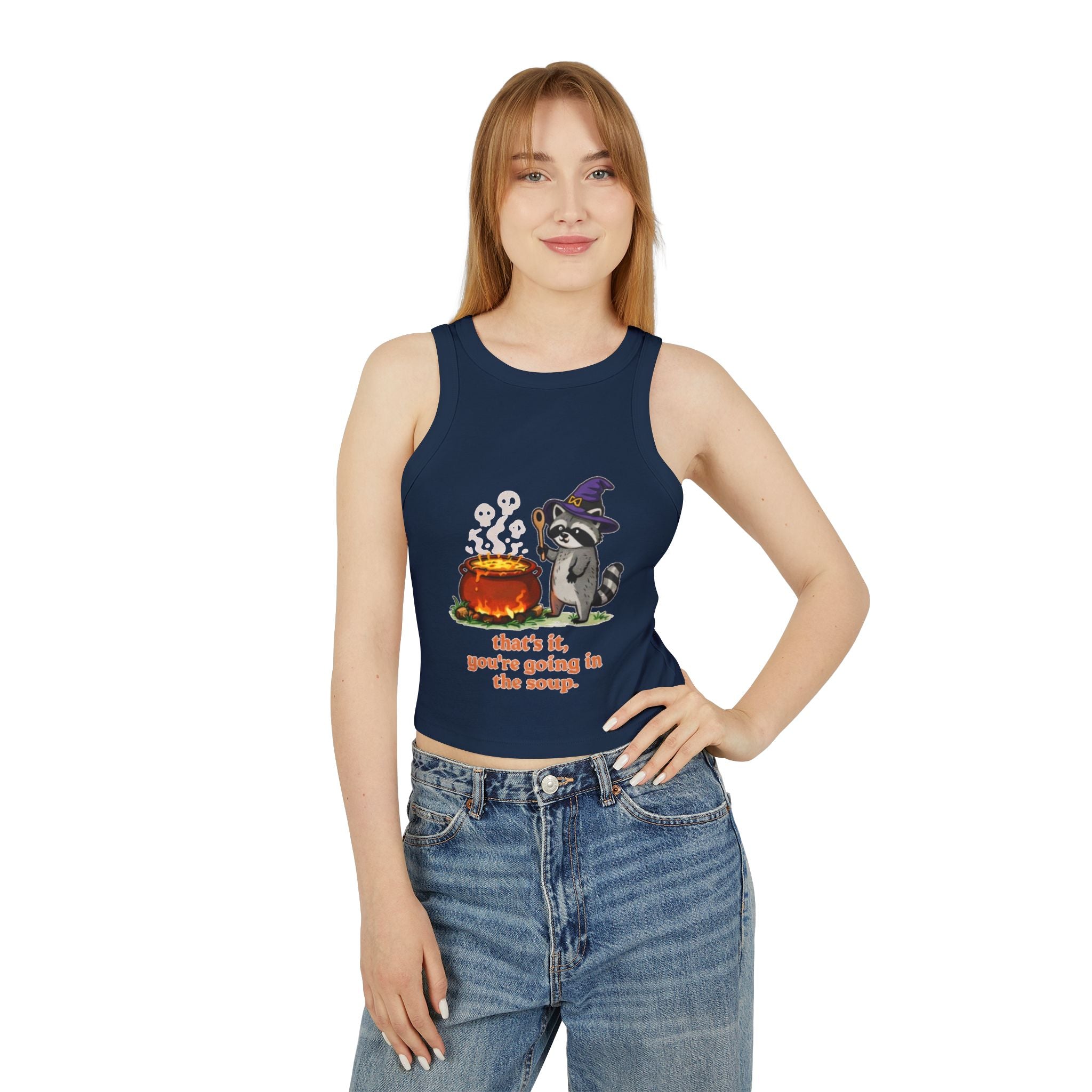 Witchy Raccoon Tank Top | "Thats it, youre going in the soup" Cute Halloween Crop