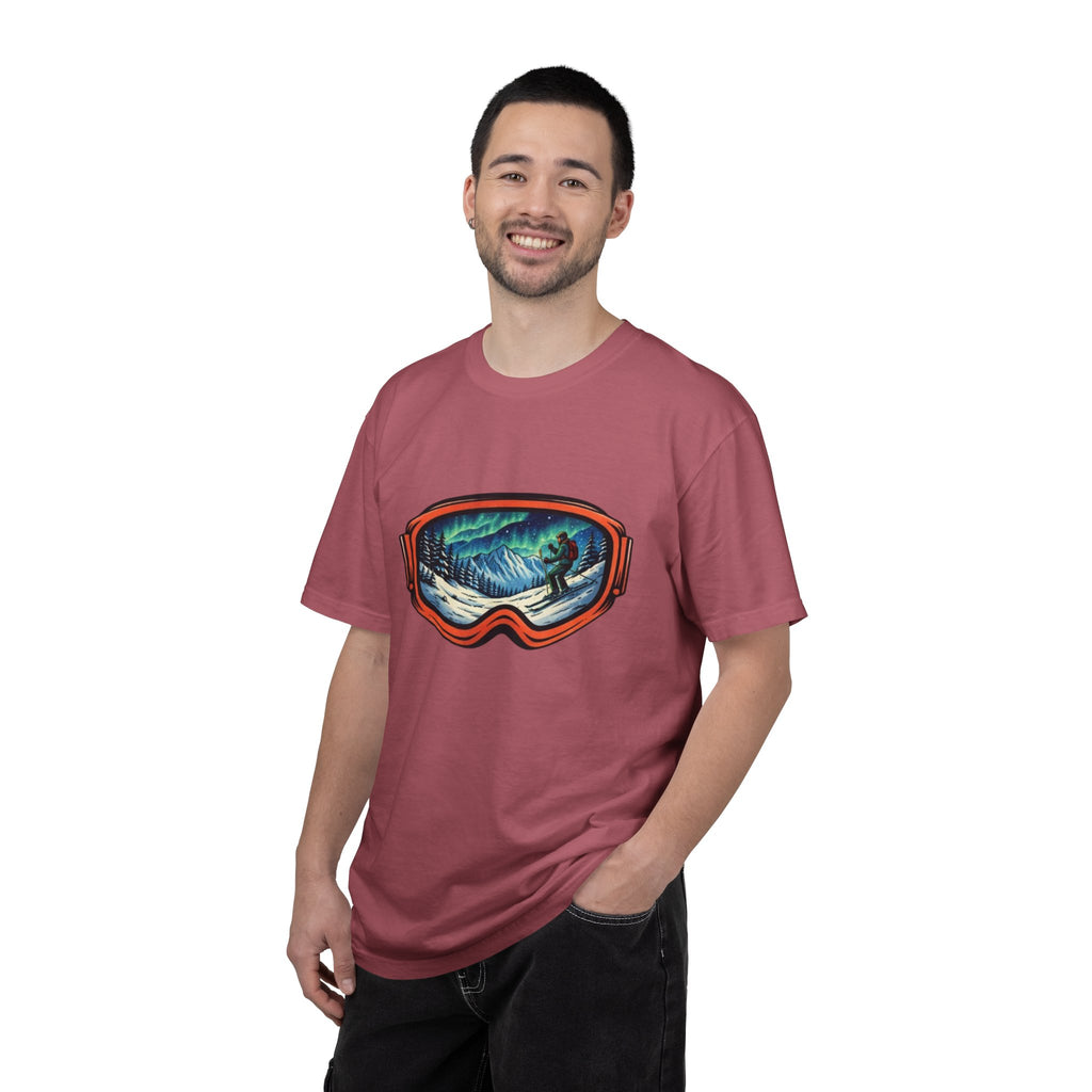 Northern Lights Ski Goggles T-Shirt | Aurora Skiing Landscape Design